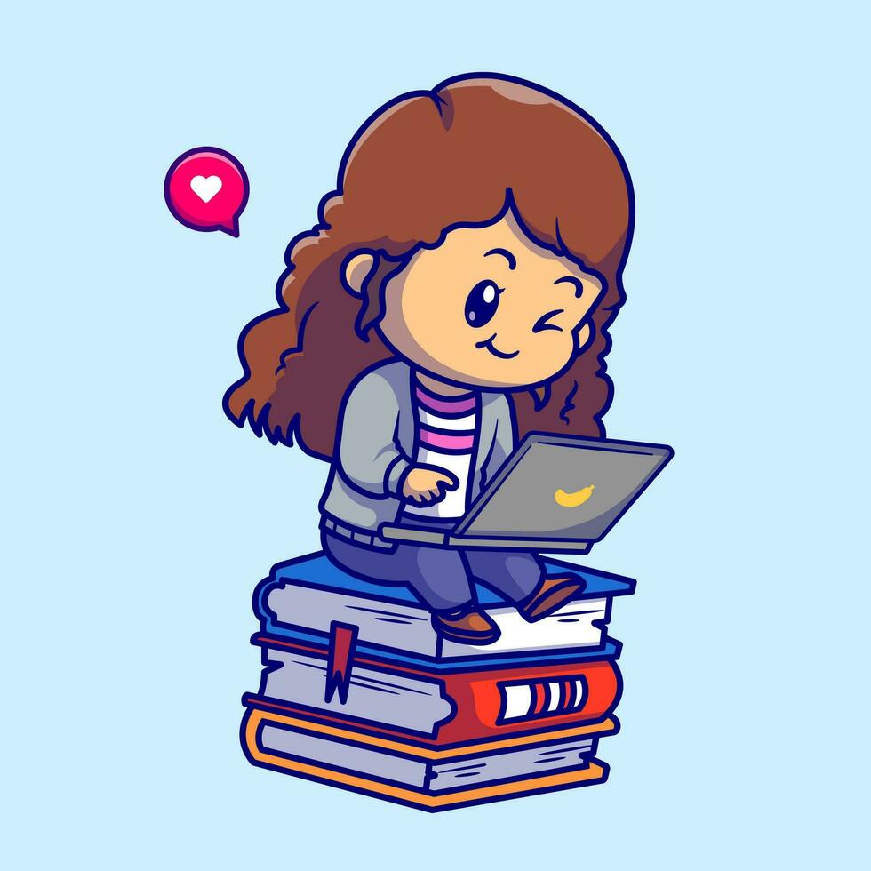 carino ragazza giocando il computer portatile su libro cartone animato vettore icona illustrazione. tecnologia scienza icona concetto isolato premio vettore. piatto cartone animato stile