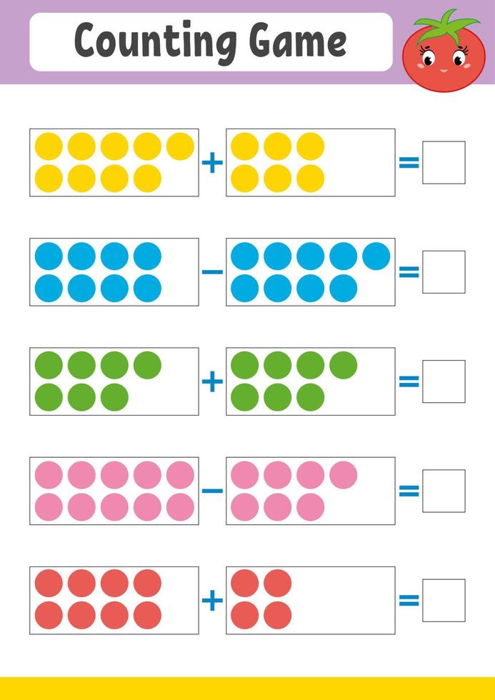 gioco di conteggio per bambini in età prescolare. gioco matematico educativo su addizioni e sottrazioni. foglio di lavoro attivo per i bambini. illustrazione vettoriale brillante