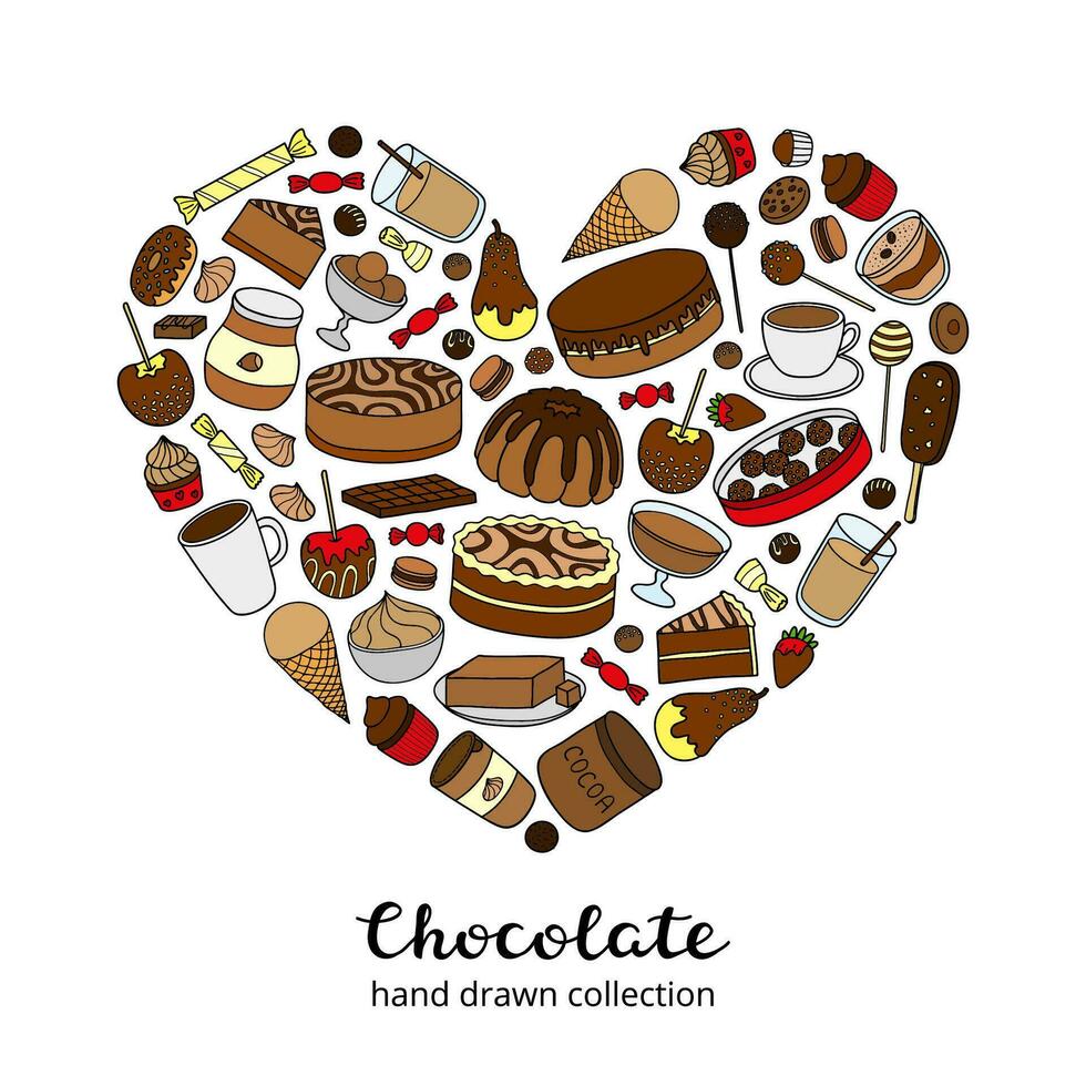 scarabocchio cioccolato e cacao prodotti nel cuore forma. vettore