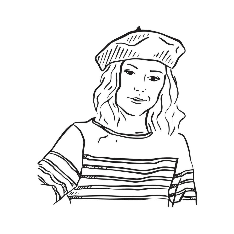 francese ragazza illustrazione. un' linea disegnato illustrativo schizzo di un' ragazza nel un' a righe camicia indossare un' berretto significare un' classico francese ispirato vestito. vettore