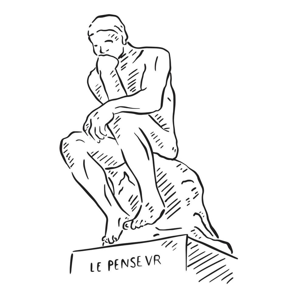 pensiero uomo statua a partire dal Parigi. mano disegnato nel nero e bianca linea e ombroso utilizzando Linee. vettore