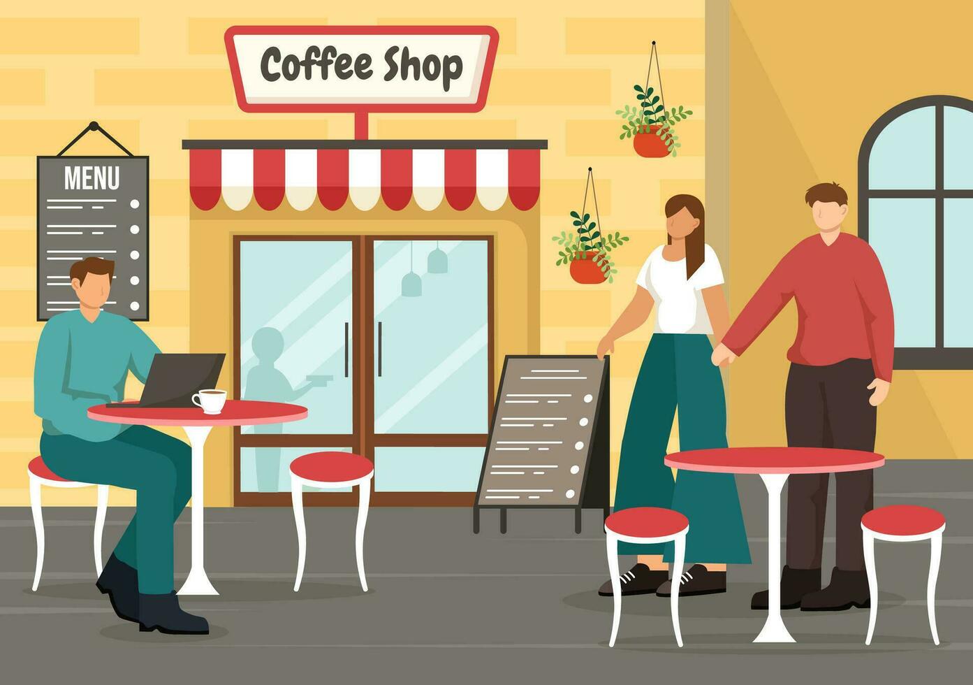 caffè negozio vettore illustrazione con interno e mobilia adatto per manifesto o annuncio pubblicitario nel piatto cartone animato sfondo design