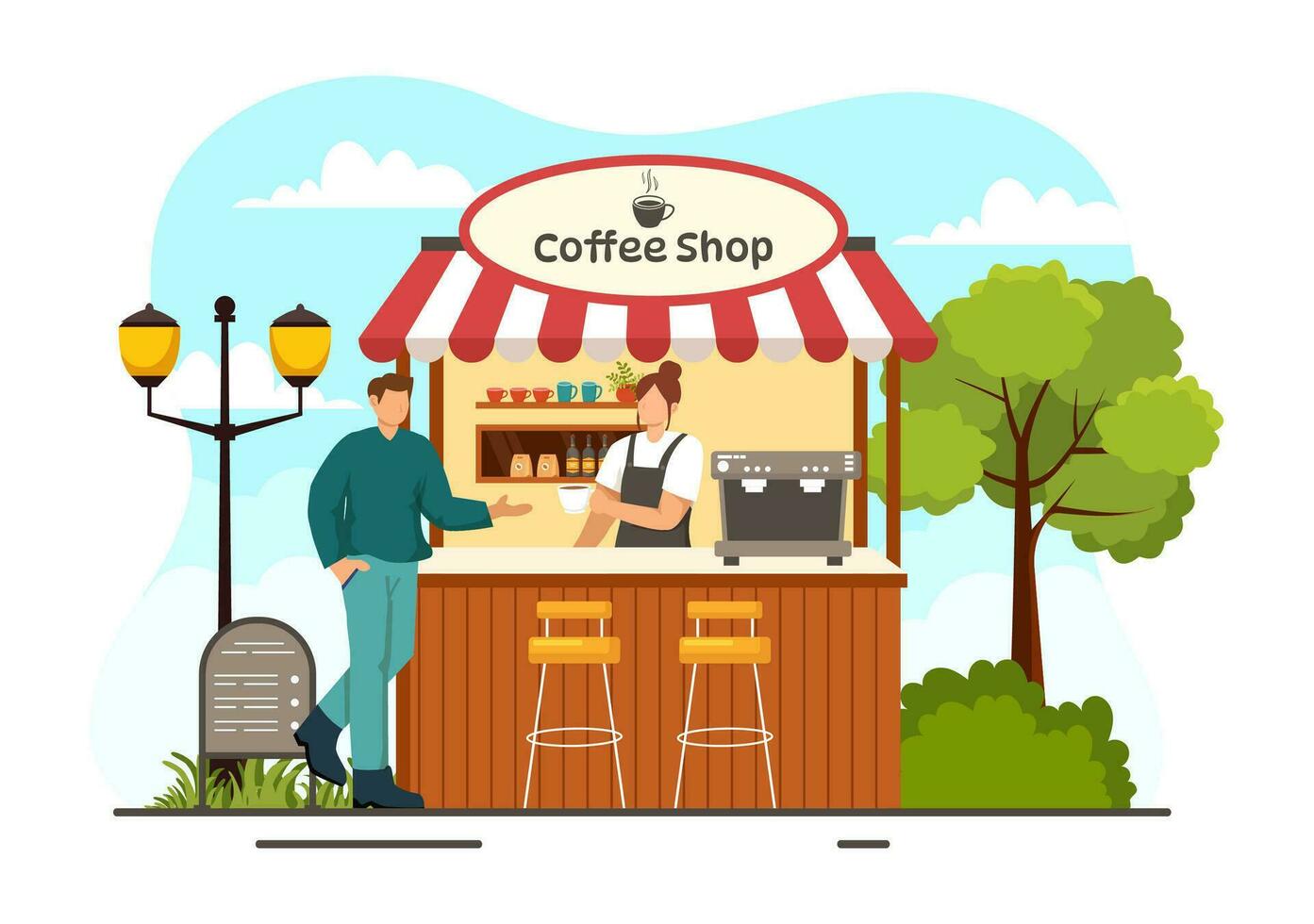 caffè negozio vettore illustrazione con interno e mobilia adatto per manifesto o annuncio pubblicitario nel piatto cartone animato sfondo design