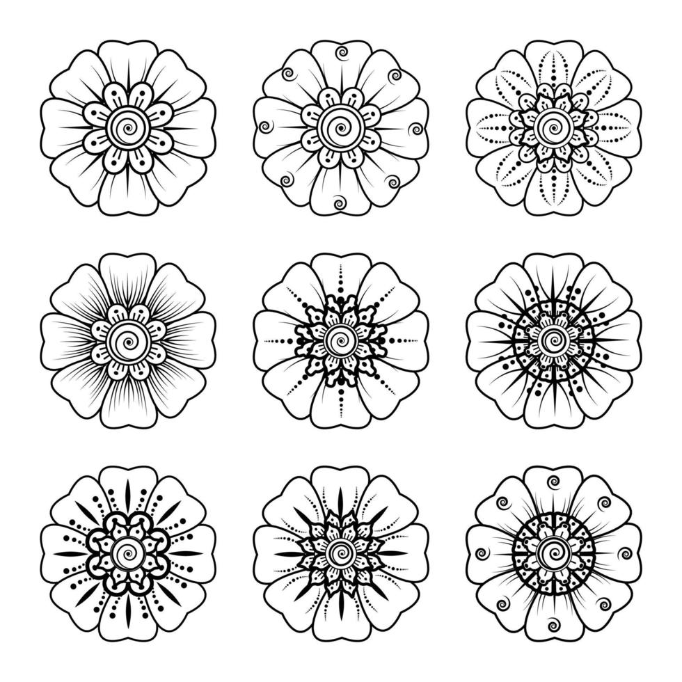 ornamento decorativo fiore mehndi in stile etnico orientale, ornamento scarabocchio, disegno a mano contorno. pagina del libro da colorare. vettore