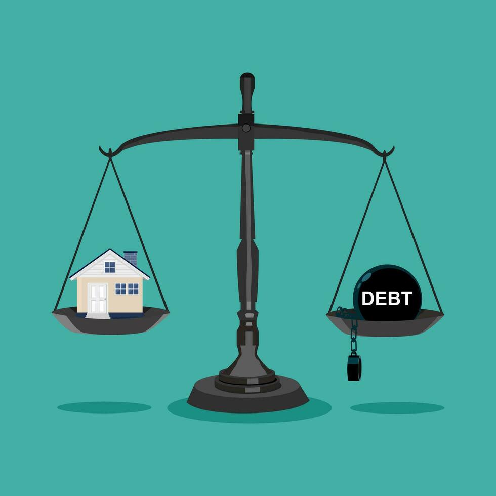 Casa e debito nel il bilancia il concetto di avendo un' Casa nel debito. vettore illustrazione
