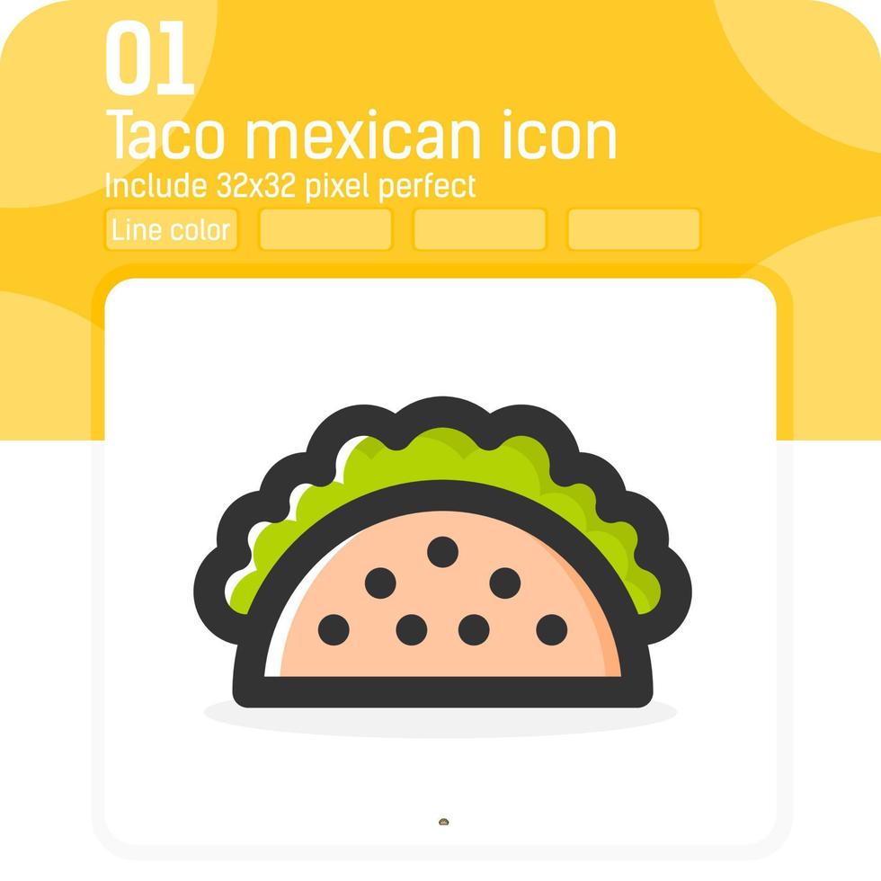 icona di vettore di cibo messicano taco con stile di colore di linea isolato su priorità bassa bianca. illustrazione elemento alla moda sottile icona simbolo di colore lineare per ui, ux, sito web, cibo, logo, app mobili e tutti i progetti
