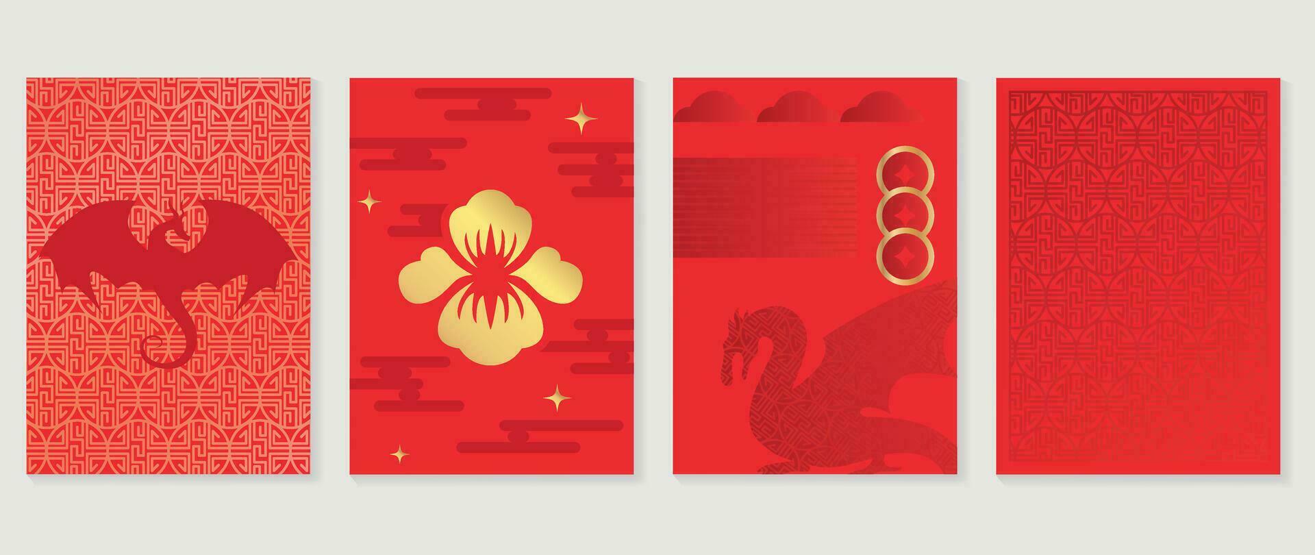 contento Cinese nuovo anno copertina sfondo vettore. anno di il Drago design con Cinese moneta, Drago, fiore, nube, modello. elegante orientale illustrazione per coperchio, striscione, sito web, calendario. vettore