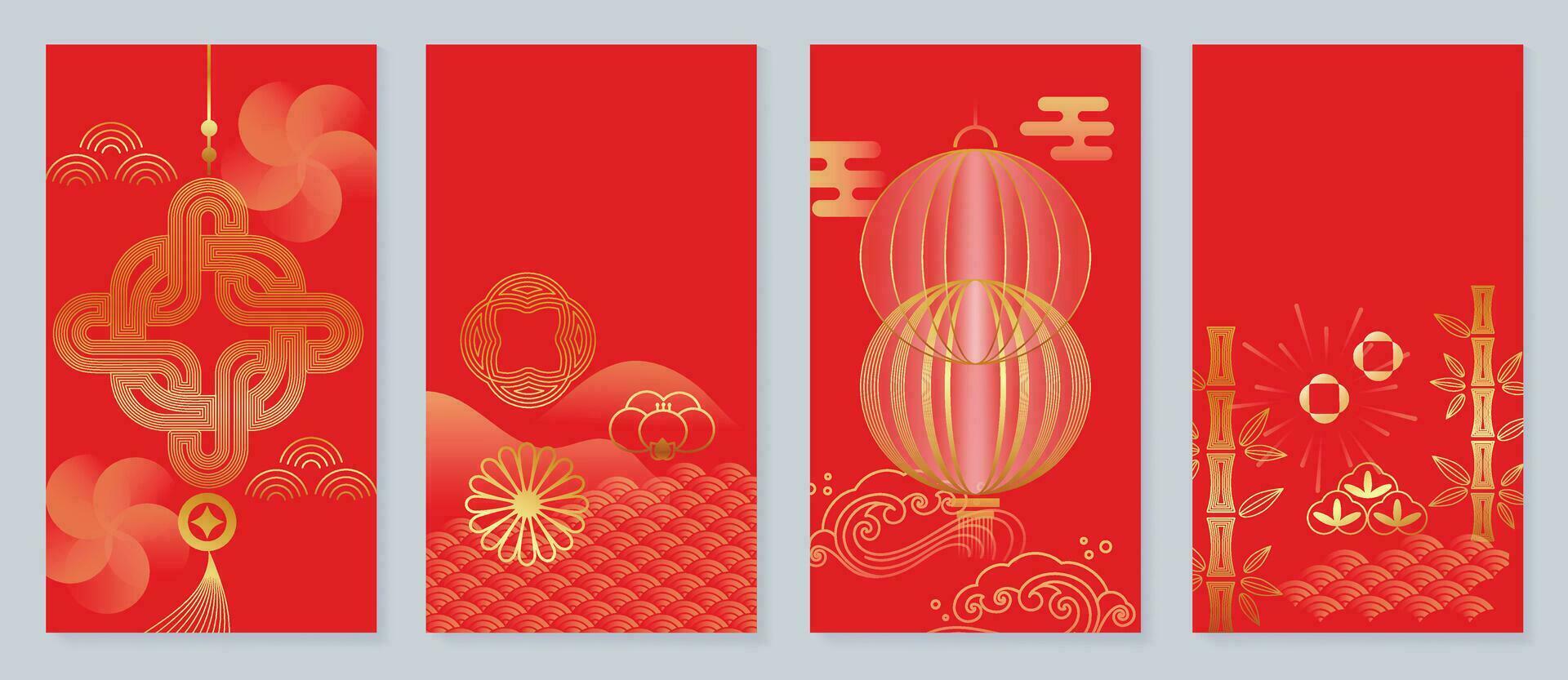 contento Cinese nuovo anno copertina sfondo vettore. anno di il Drago design con Cinese lanterna, mare onda, fiore, bambù, modello. elegante orientale illustrazione per coperchio, striscione, sito web, calendario. vettore