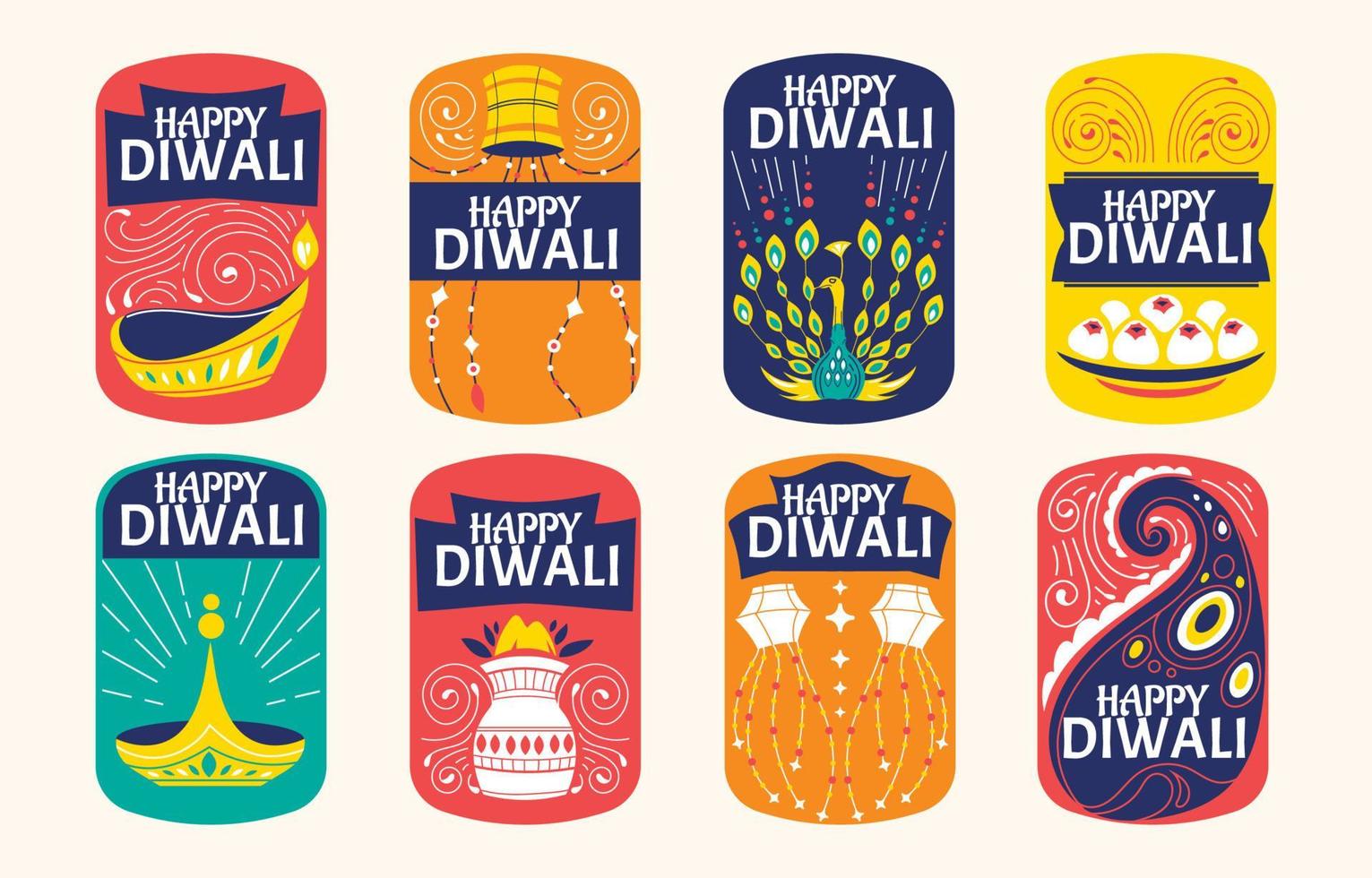 felice collezione di adesivi diwali vettore