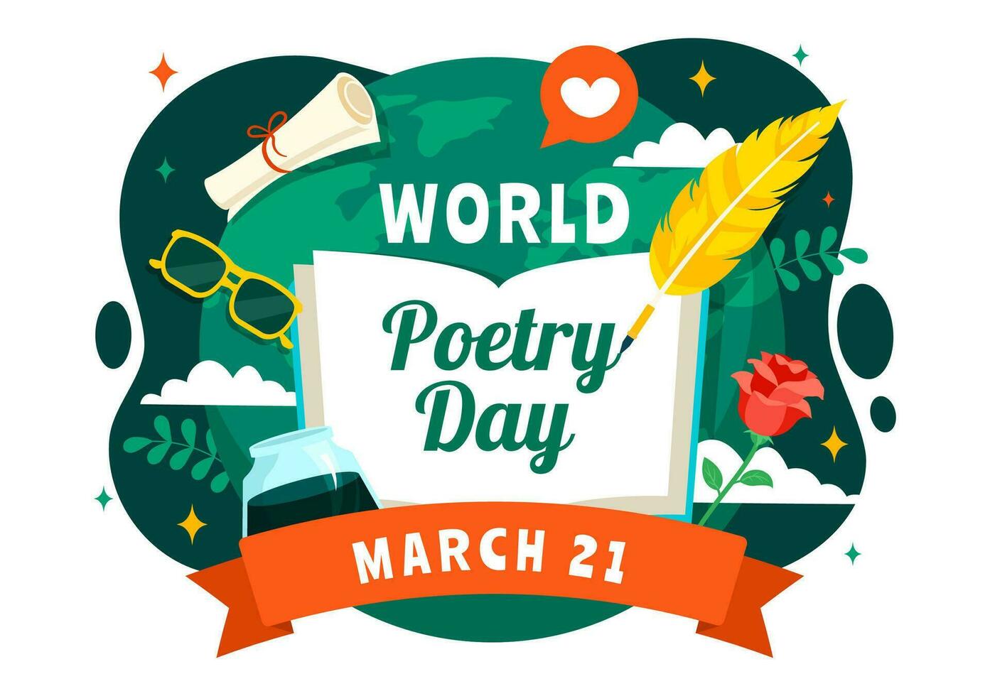 mondo poesia giorno vettore illustrazione su marzo 21 con un' penna d'oca, inchiostro, carta, macchina da scrivere e libro per scrittura nel letteratura piatto cartone animato sfondo