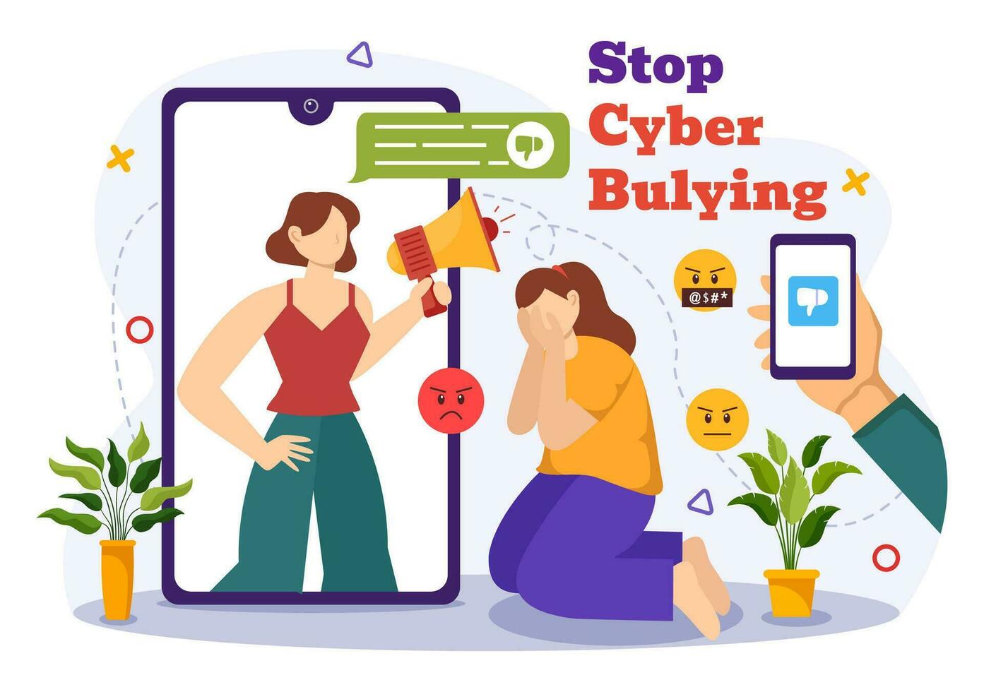 fermare cyber bullismo vettore illustrazione di haters in linea con bullismo Internet, trolling e odiare discorso nel piatto cartone animato sfondo design