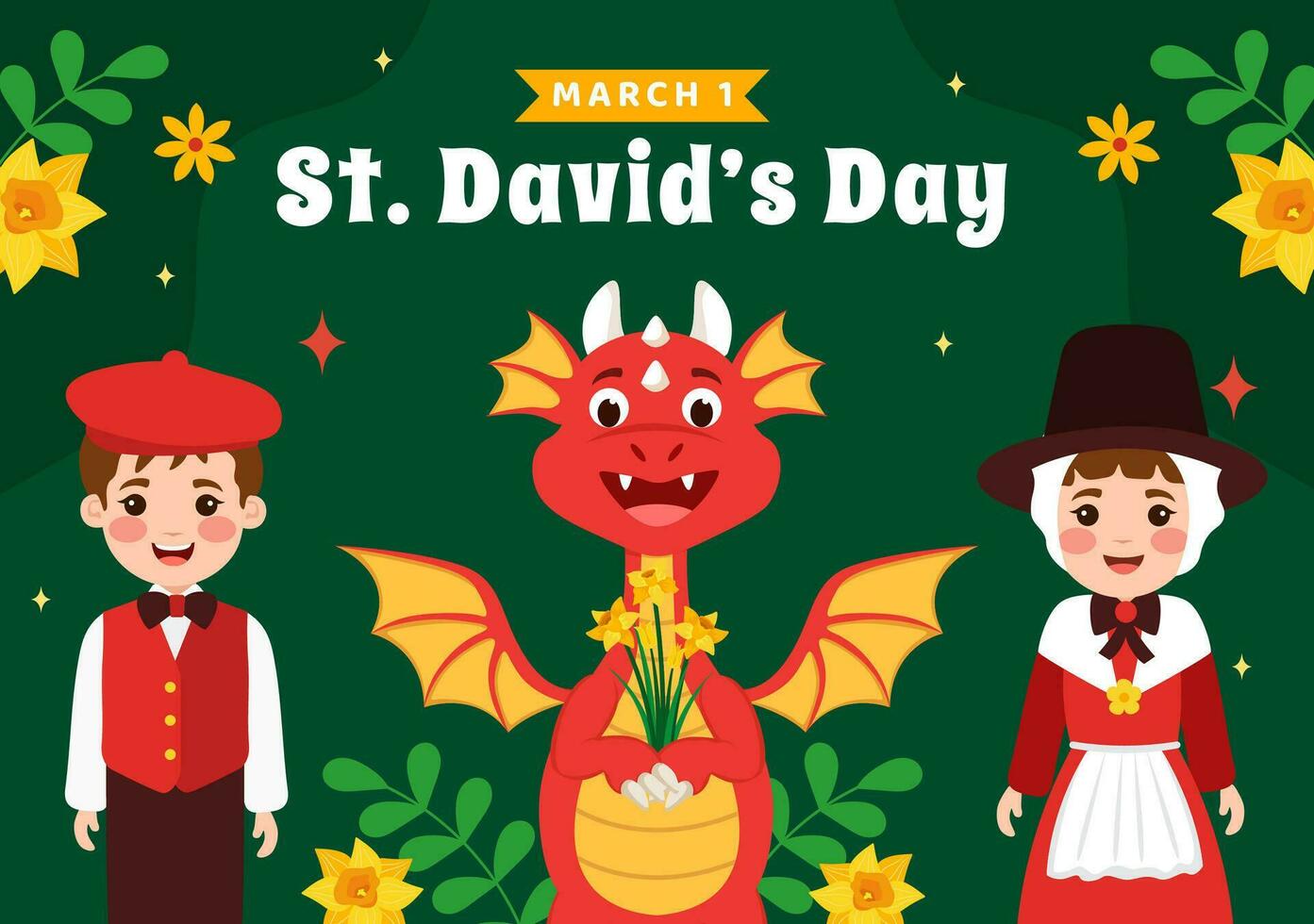 contento st di davide giorno vettore illustrazione su marzo 1 con bambini, gallese draghi e giallo giunchiglie nel celebrazione vacanza cartone animato sfondo design