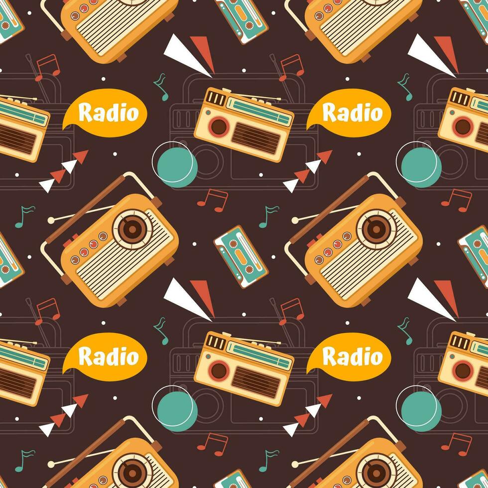 Radio senza soluzione di continuità modello illustrazione design con giocatore per disco e ascoltando per musica nel piatto cartone animato modello vettore