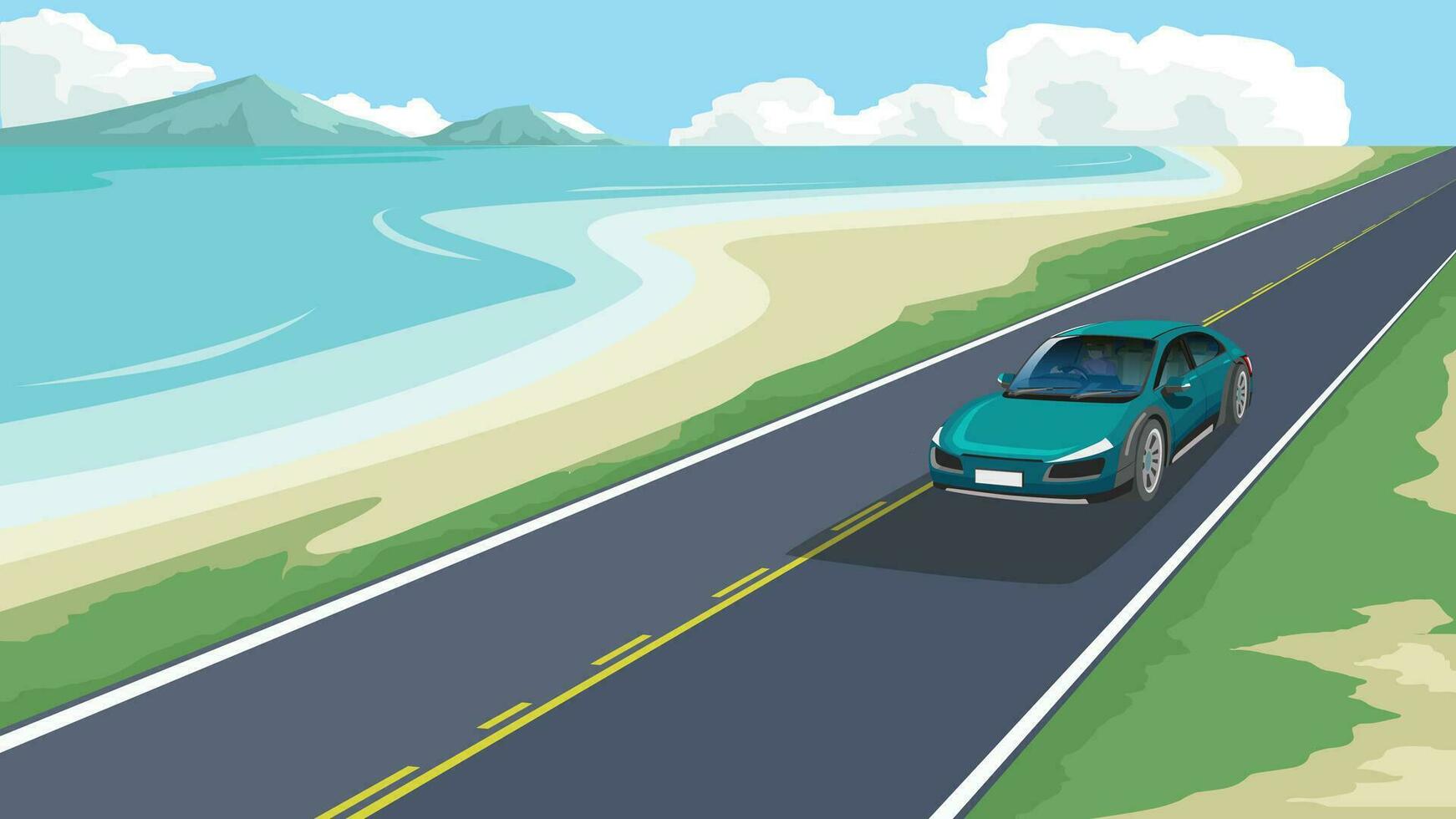 elettrico veicolo sport auto con guida su vuoto asfalto strada. eco la zona di verde erba e accanto di mare spiaggia. sfondo di montagna sotto blu cielo e bianca nuvole. vettore