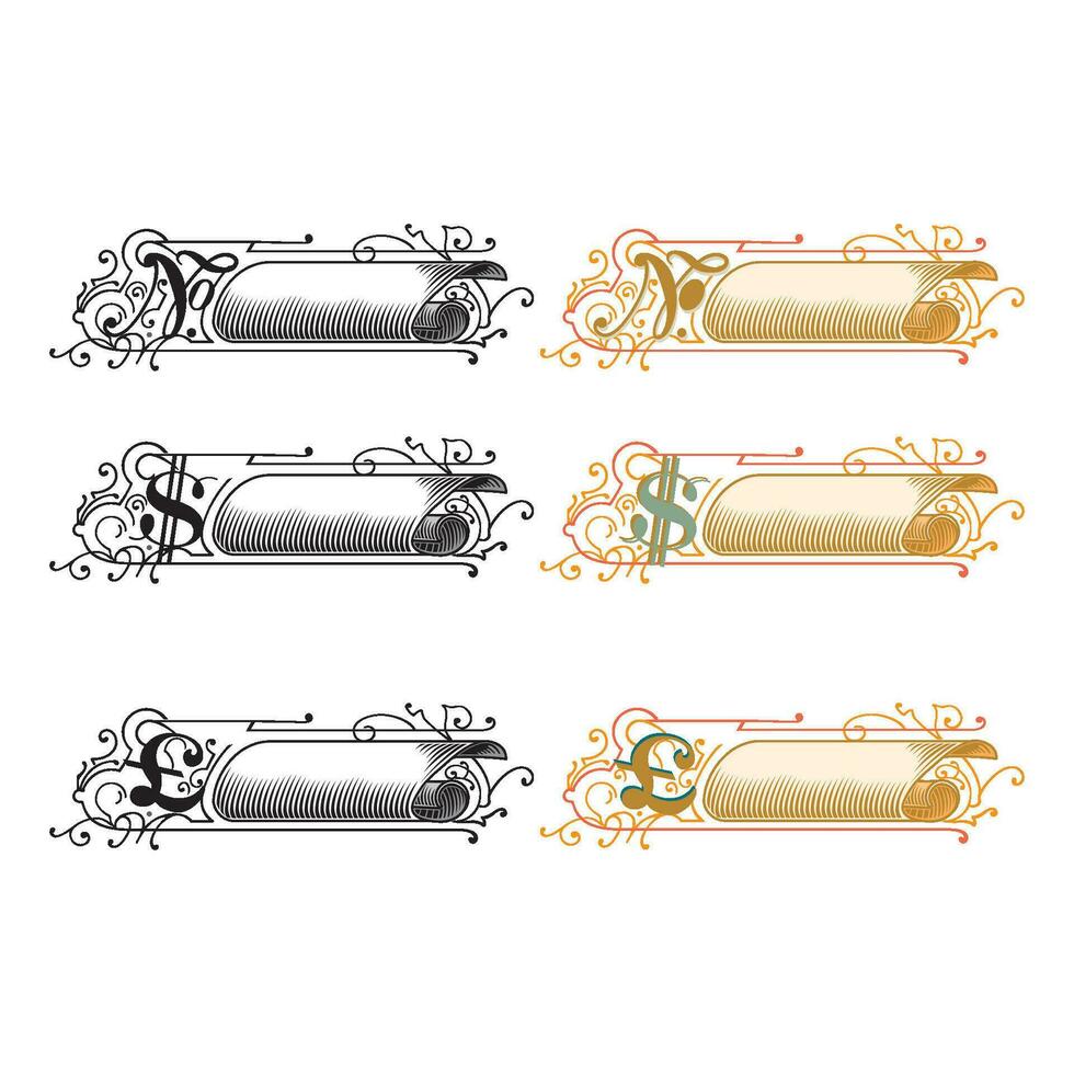 mano disegnato orizzontale moneta banner impostato con retrò stile nastri decorazione elementi isolato vettore illustrazione
