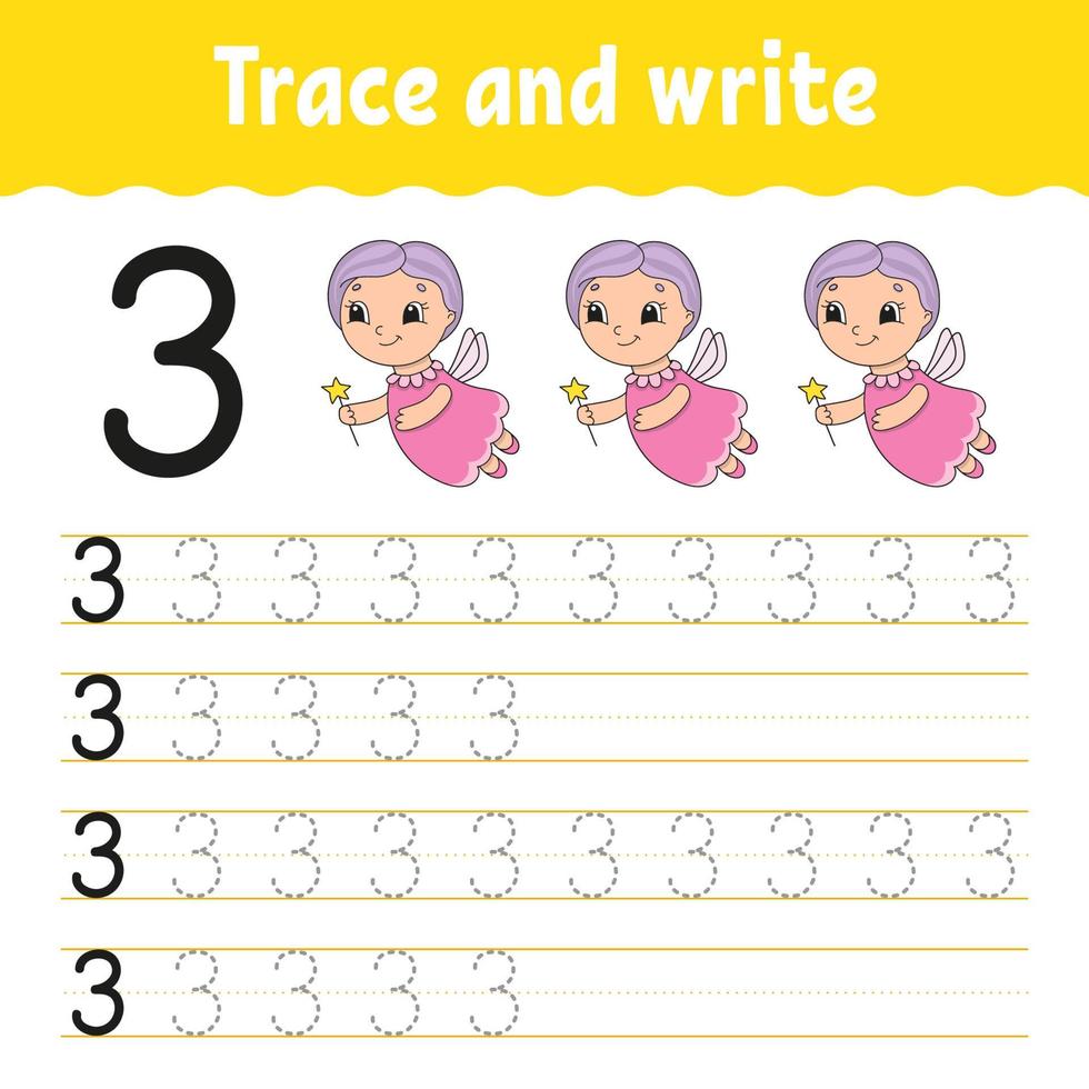 traccia e scrivi. pratica della scrittura a mano. imparare i numeri per i bambini. foglio di lavoro per lo sviluppo dell'istruzione. pagina delle attività. gioco per bambini in età prescolare. illustrazione vettoriale isolato in stile cartone animato carino.