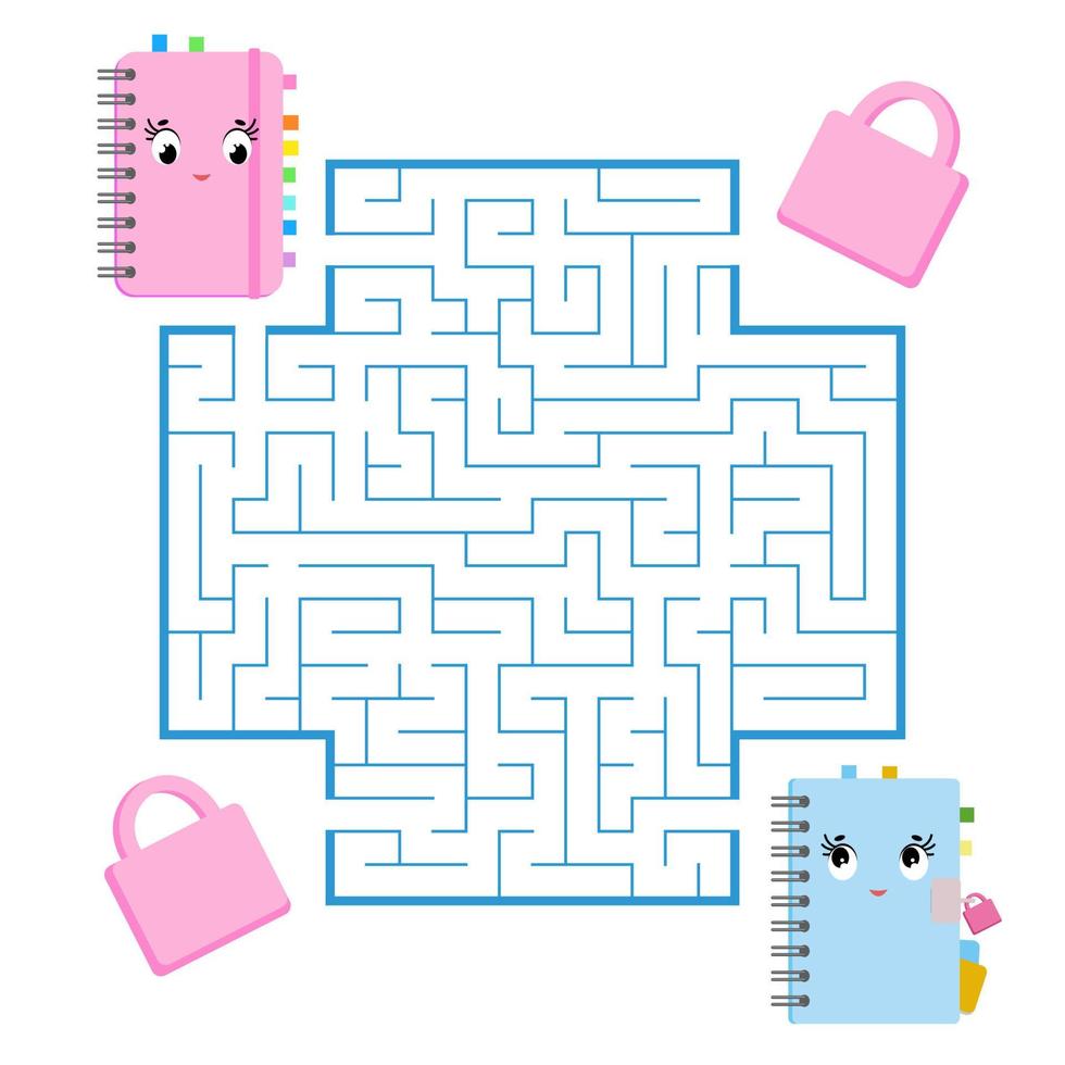 labirinto quadrato di colore. gioco per bambini. puzzle per bambini. aiuta i simpatici quaderni a incontrarsi. enigma del labirinto. illustrazione vettoriale piatto. stile cartone animato.