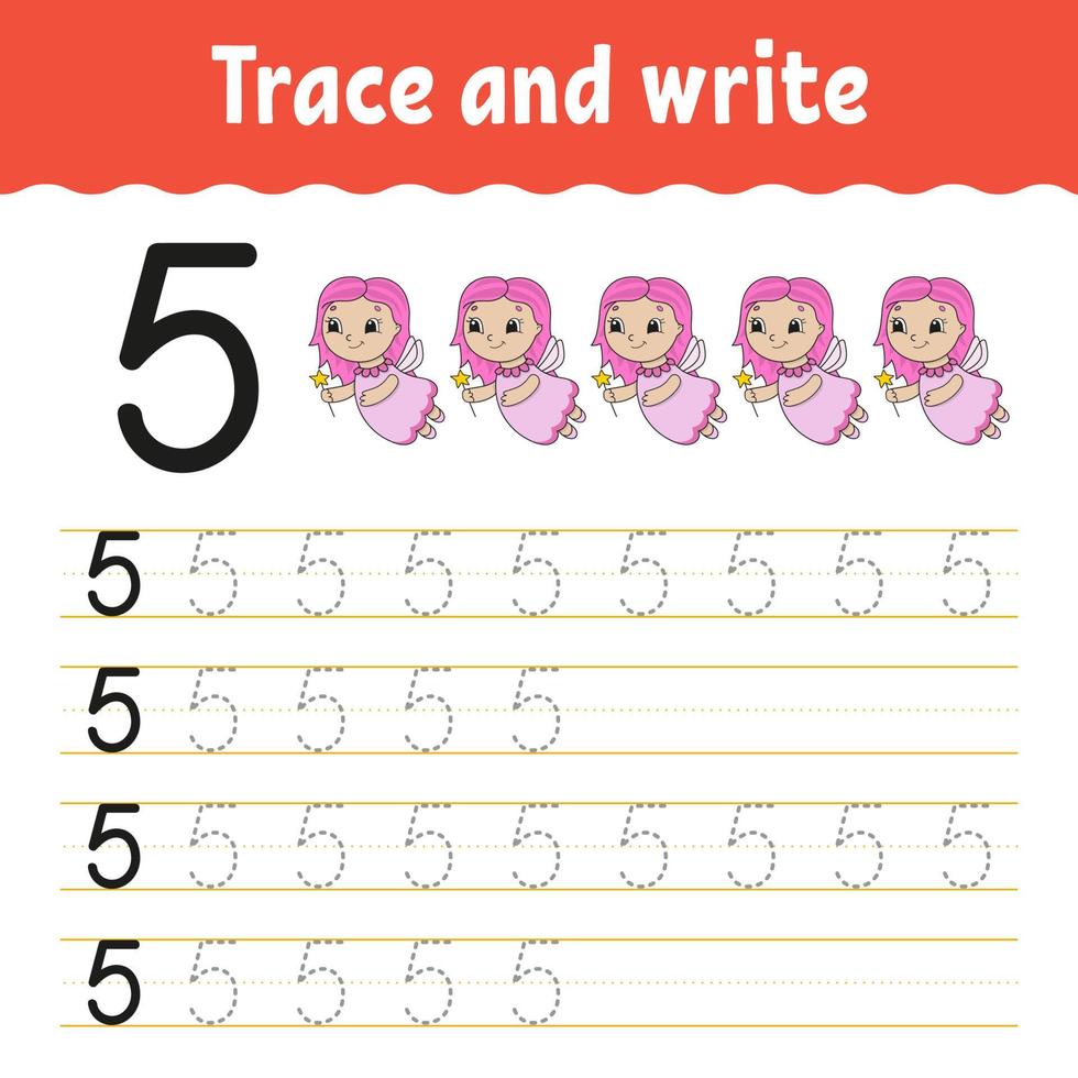 traccia e scrivi. pratica della scrittura a mano. imparare i numeri per i bambini. foglio di lavoro per lo sviluppo dell'istruzione. pagina delle attività. gioco per bambini in età prescolare. illustrazione vettoriale isolato in stile cartone animato carino.