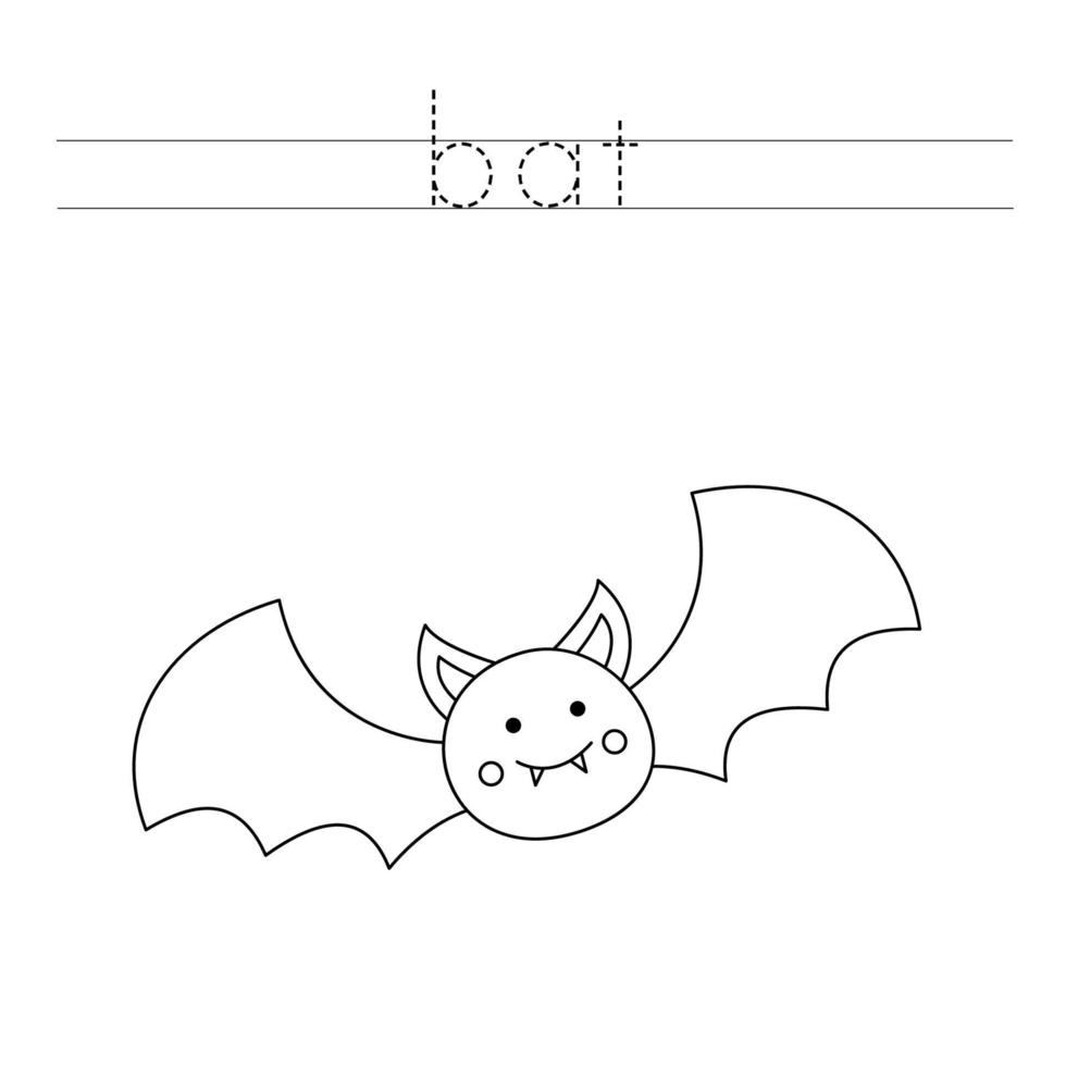 traccia le lettere e colora il pipistrello. pratica di scrittura a mano per bambini. vettore
