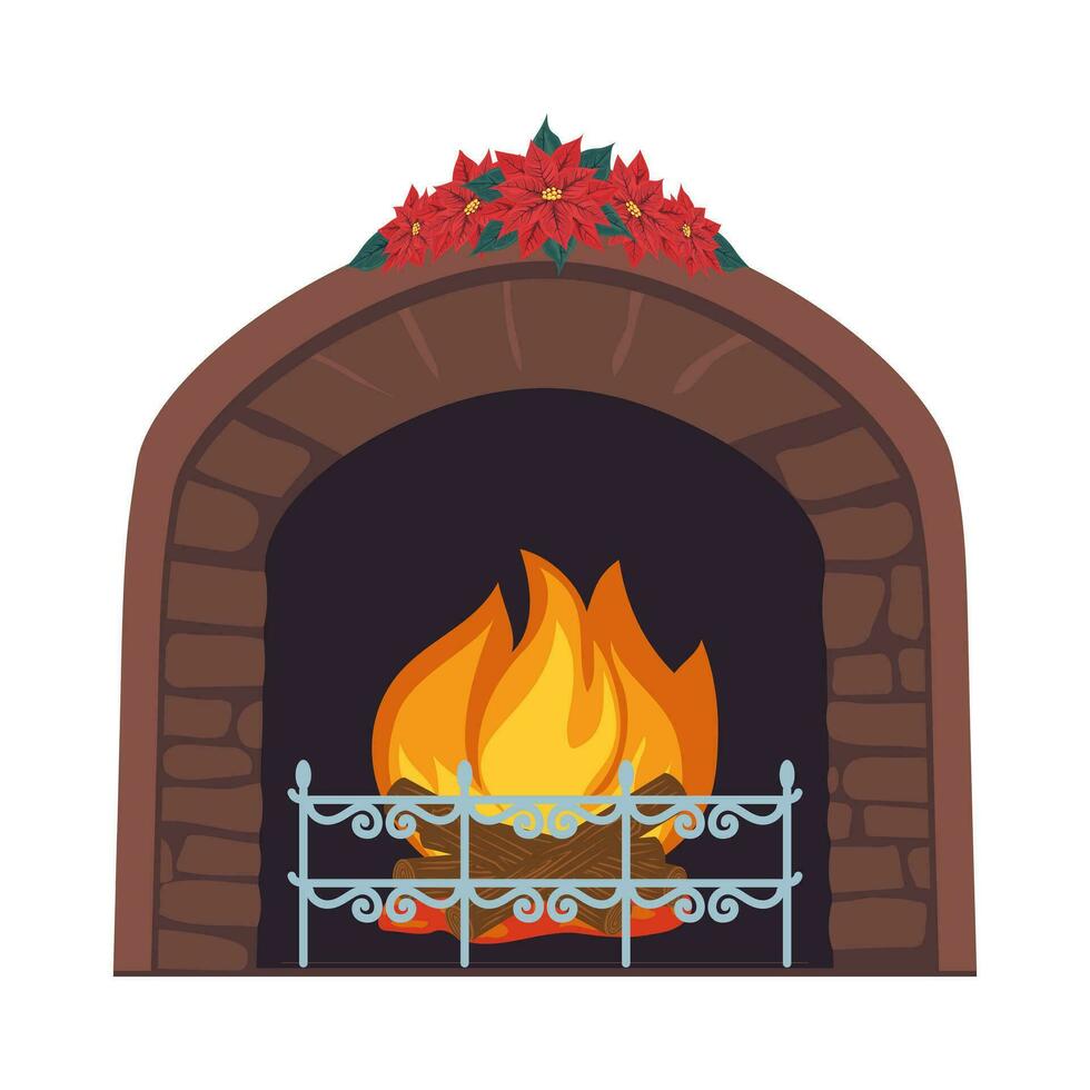 interno camino con caldo carboni, legna e luminosa fiamme, decorato con poinsettia fiori. casa pietra focolare con ardente fuoco. vettore illustrazione.