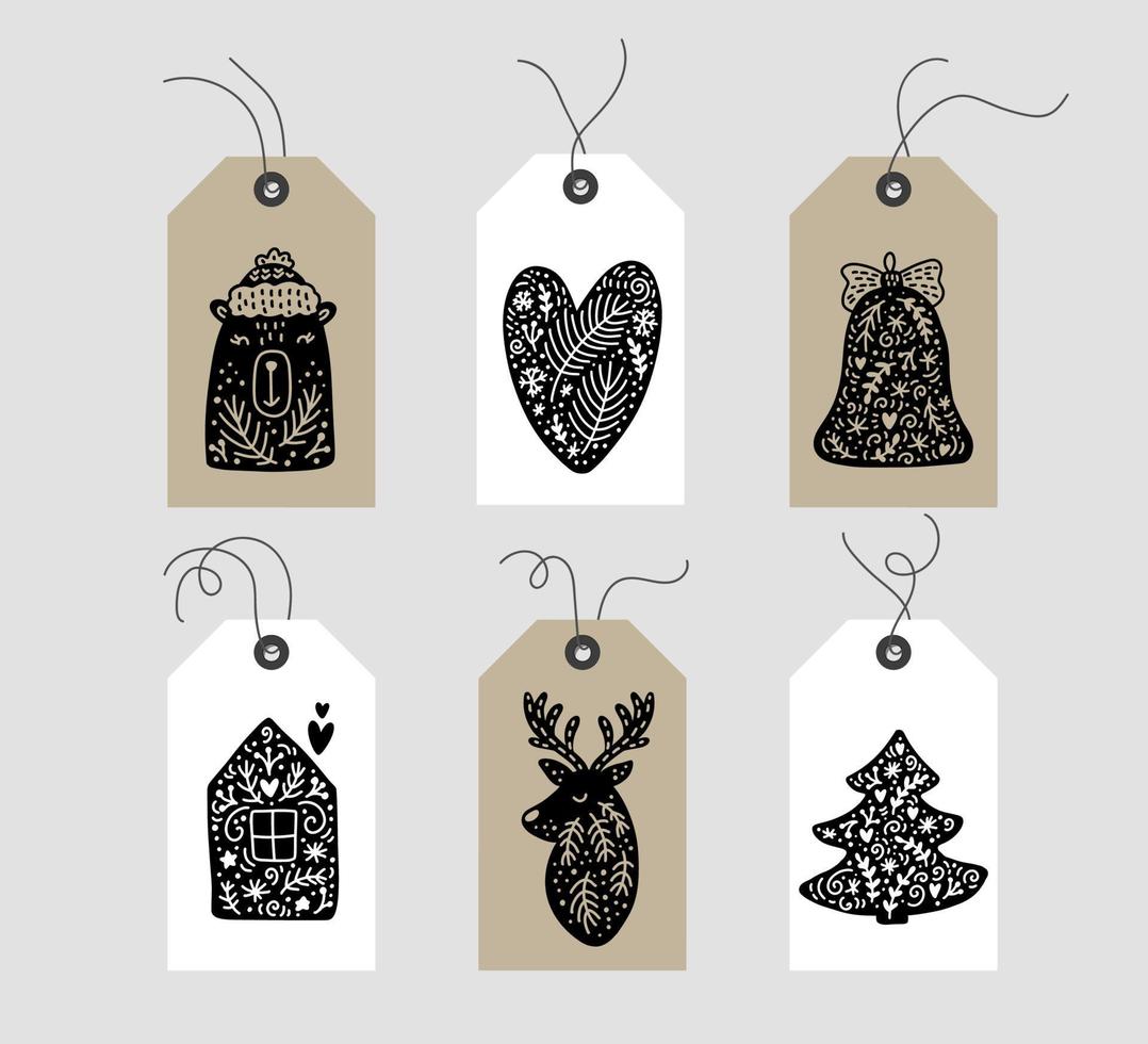 set di tag elemento natalizio scandinavo doodle disegnato a mano. collezione vacanze invernali vettore tag regalo e bundle elementi decorativi hygge xmas