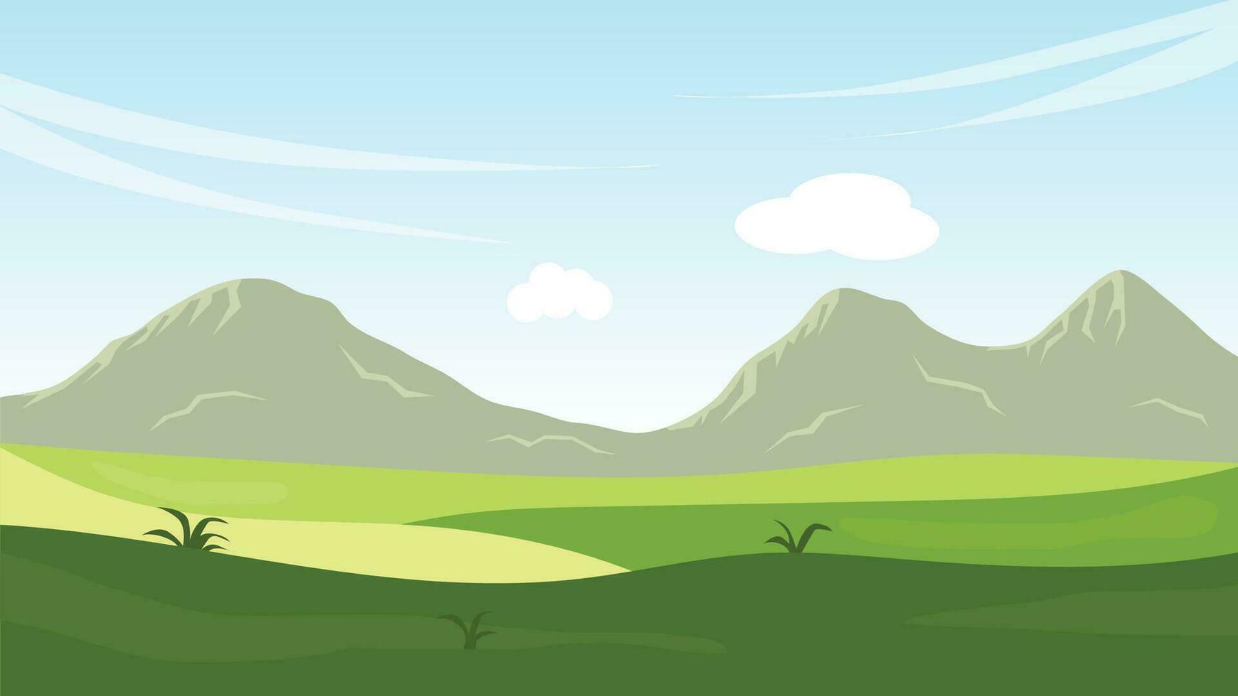 paesaggio cartone animato scena con verde campo e bianca nube nel estate blu cielo sfondo vettore