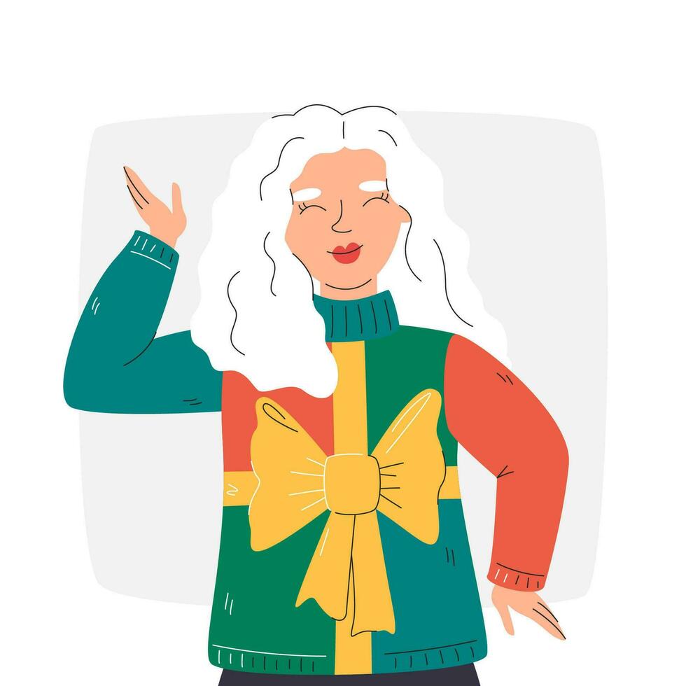 Natale femmina personaggio nel brutto maglione vestito. carino giovane donna con ondulato capelli. persona godendo nel tradizionale americano annuale famiglia festa. divertente ragazza ritratto mano disegnato piatto vettore illustrazione