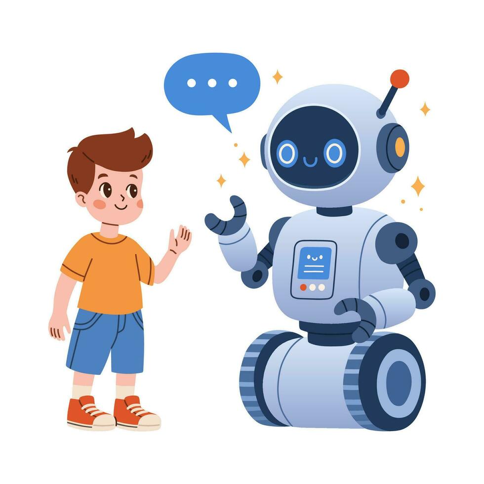 carino robot e ragazzo comunicazione. cartone animato vettore illustrazione. scienza tecnologia concetto isolato vettore. piatto cartone animato stile.