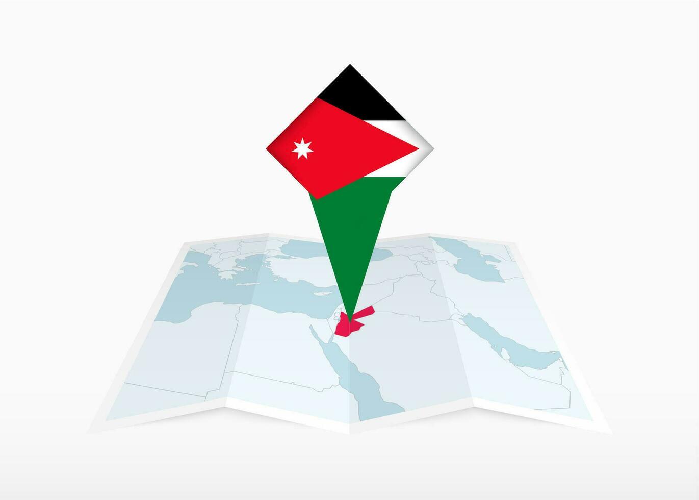 Giordania è raffigurato su un' piegato carta carta geografica e appuntato Posizione marcatore con bandiera di Giordania. vettore