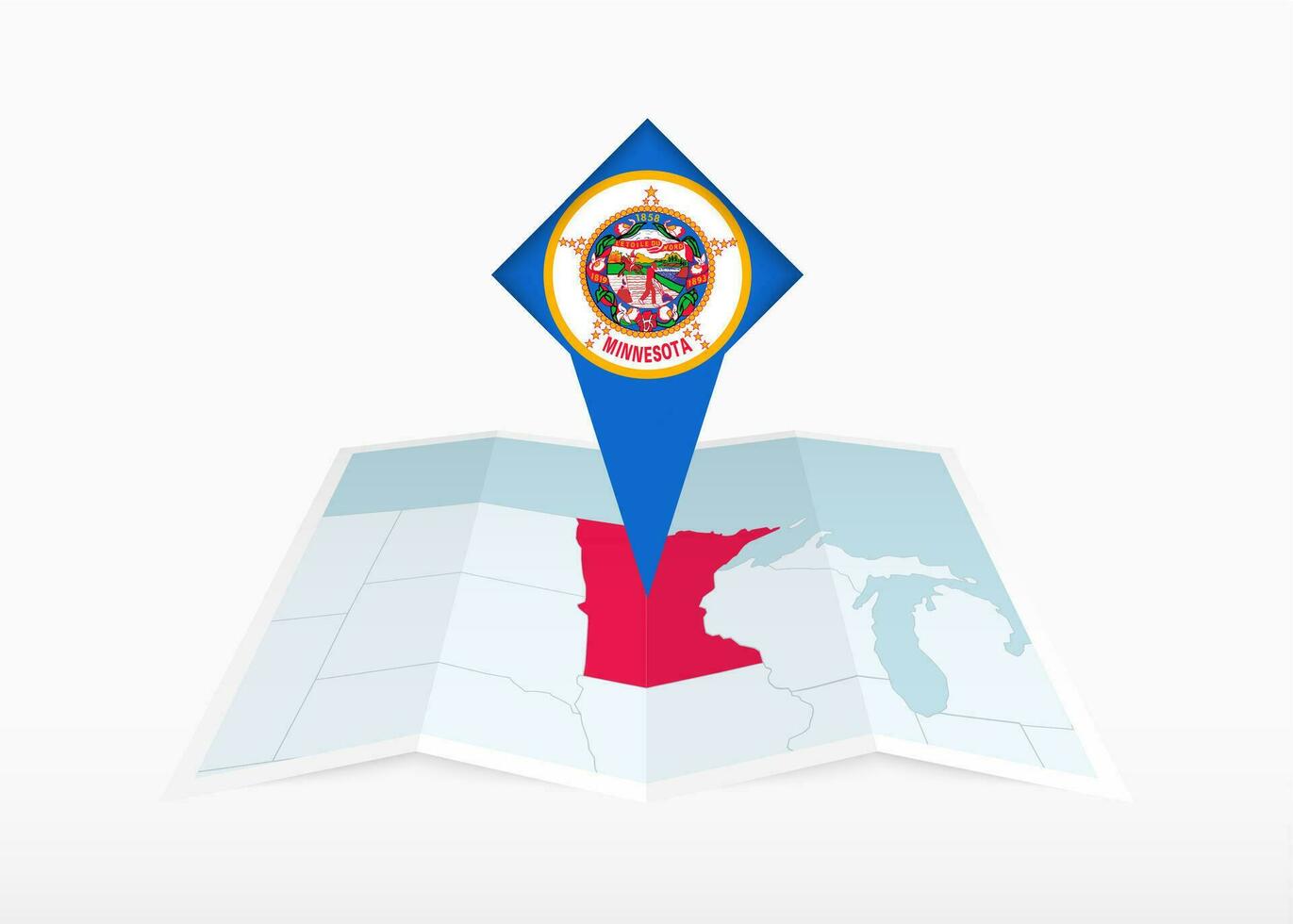 Minnesota è raffigurato su un' piegato carta carta geografica e appuntato Posizione marcatore con bandiera di Minnesota. vettore