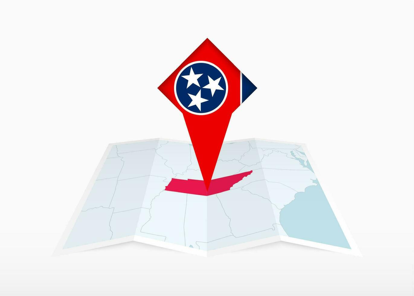 Tennessee è raffigurato su un' piegato carta carta geografica e appuntato Posizione marcatore con bandiera di Tennessee. vettore