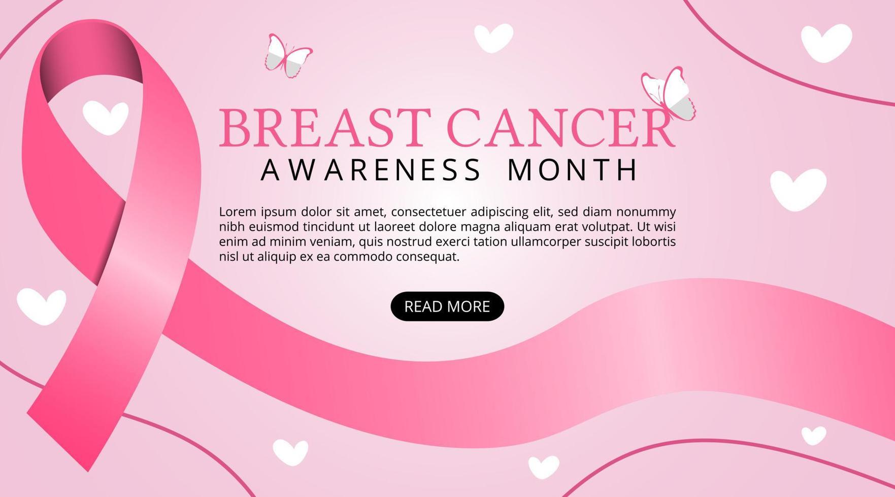 sfondo del mese di consapevolezza del cancro al seno con nastro e farfalle vettore