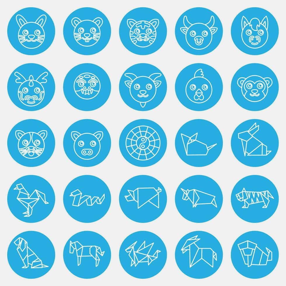 icona impostato di Cinese zodiaco. Cinese zodiaco elementi. icone nel blu cerchio stile. bene per stampe, manifesti, logo, annuncio, decorazione, infografica, eccetera. vettore