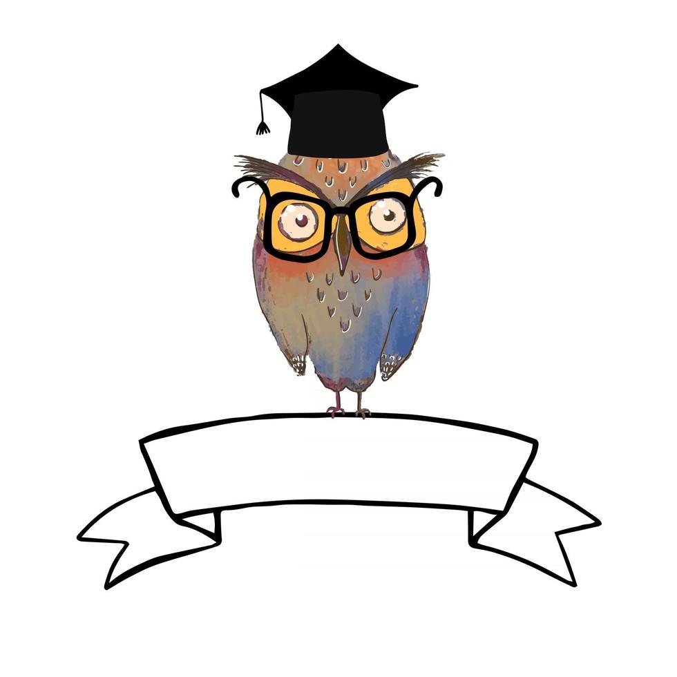 illustrazione vettoriale colorata di un simpatico gufo con berretto da laureato e striscione a nastro