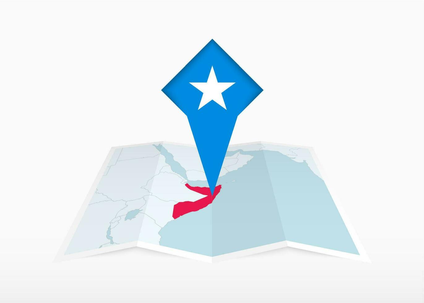 Somalia è raffigurato su un' piegato carta carta geografica e appuntato Posizione marcatore con bandiera di Somalia. vettore