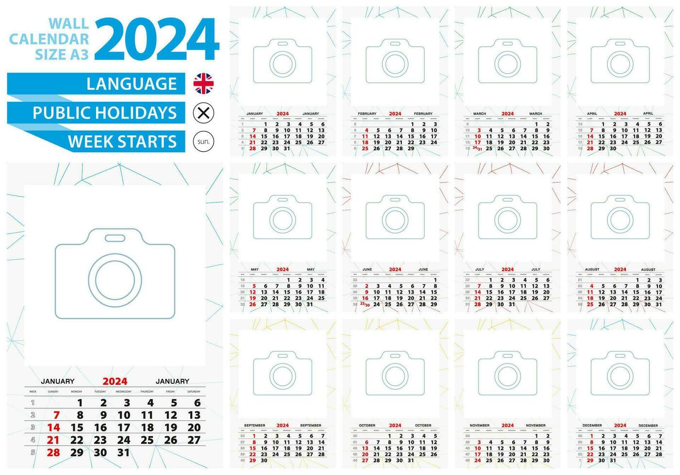 a3 dimensione parete calendario 2024 anno con astratto foderato sfondo e posto per voi foto. vettore