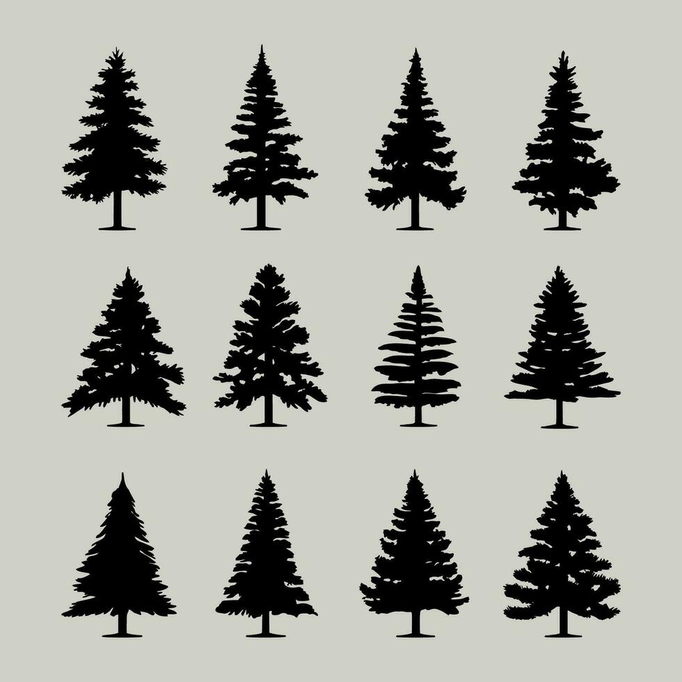 Vintage ▾ alberi e foresta sagome impostare, nero pino boschi design su bianca sfondo vettore