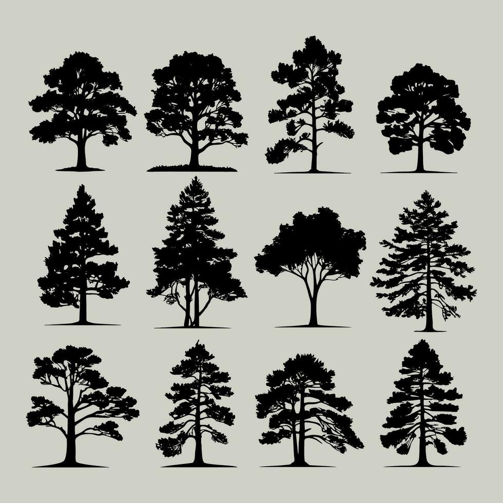 Vintage ▾ alberi e foresta sagome impostare, piatto icona design vettore su bianca sfondo