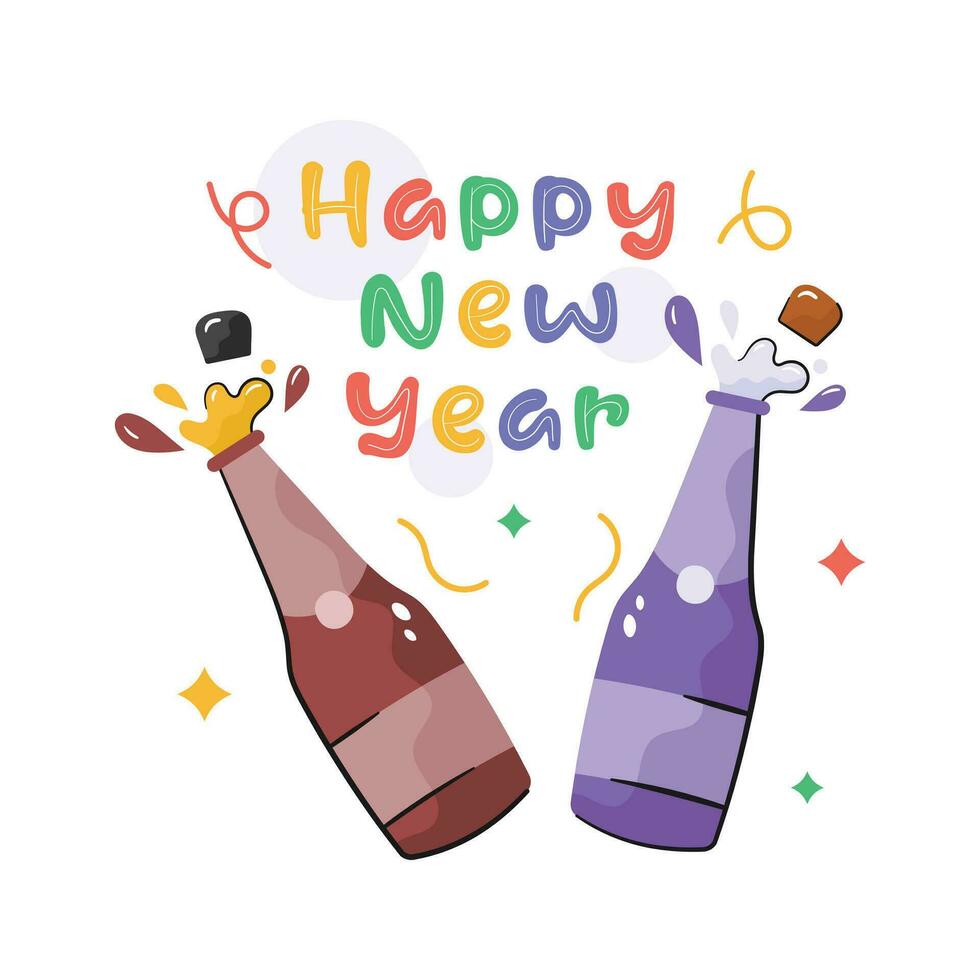 stappare Champagne bottiglie mostrando concetto piatto etichetta di contento nuovo anno evento, nuovo anno festa etichetta vettore