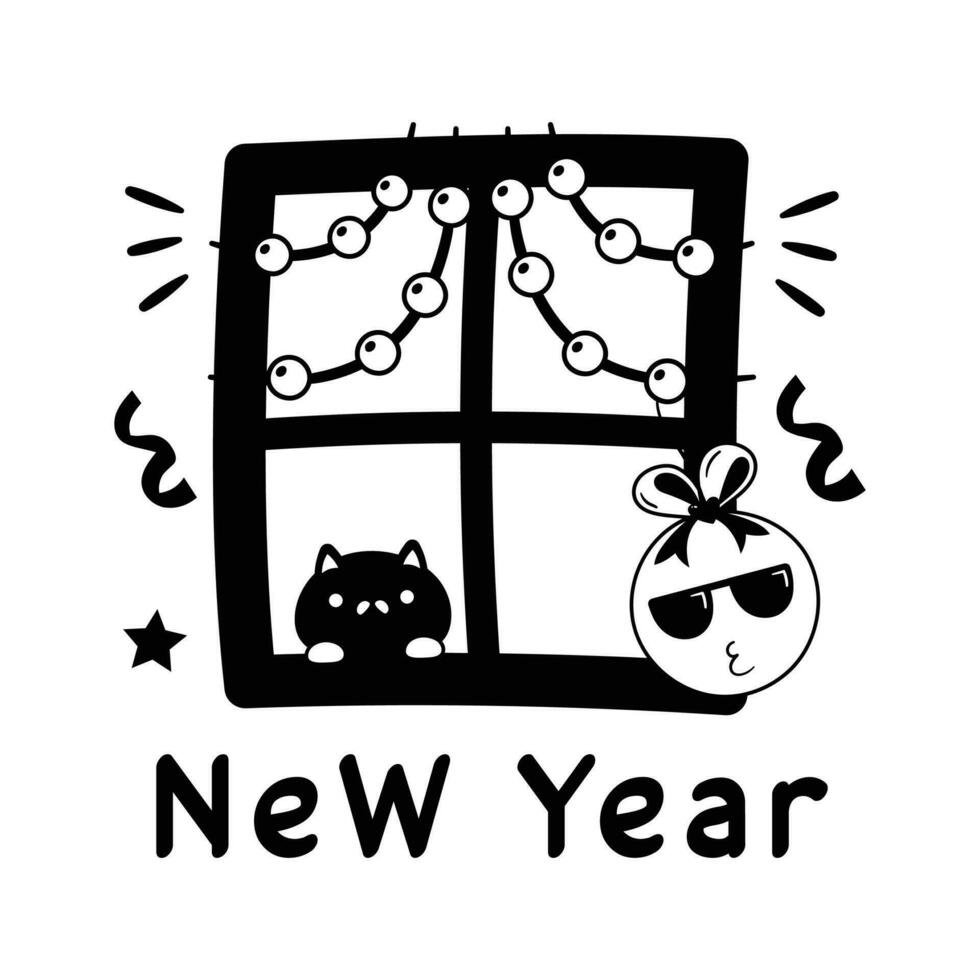 contento nuovo anno 2024 decorazioni con piccolo luci, piatto mano disegnato etichetta di nuovo anno vettore