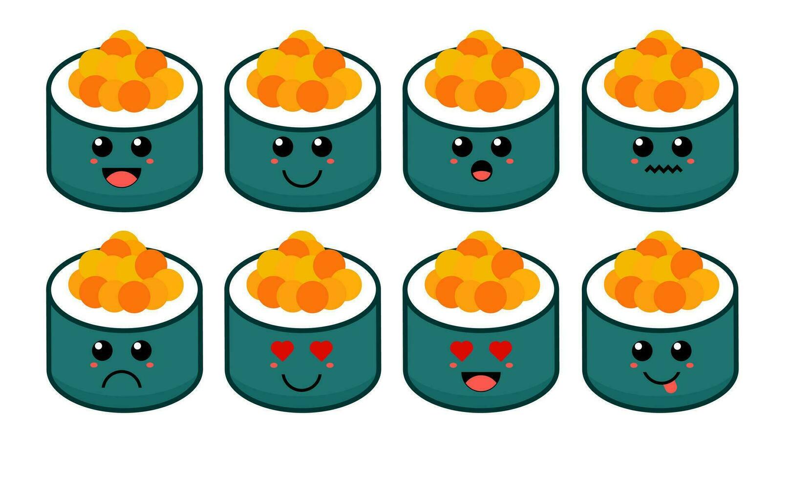 impostato di carino cartone animato colorato Sushi salmone uovo con diverso emozioni. divertente emozioni personaggio collezione per bambini. fantasia personaggi. vettore illustrazioni, cartone animato piatto stile