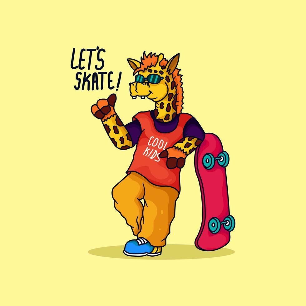 carino giraffa giocando skateboard vettore illustrazione, piatto cartone animato stile