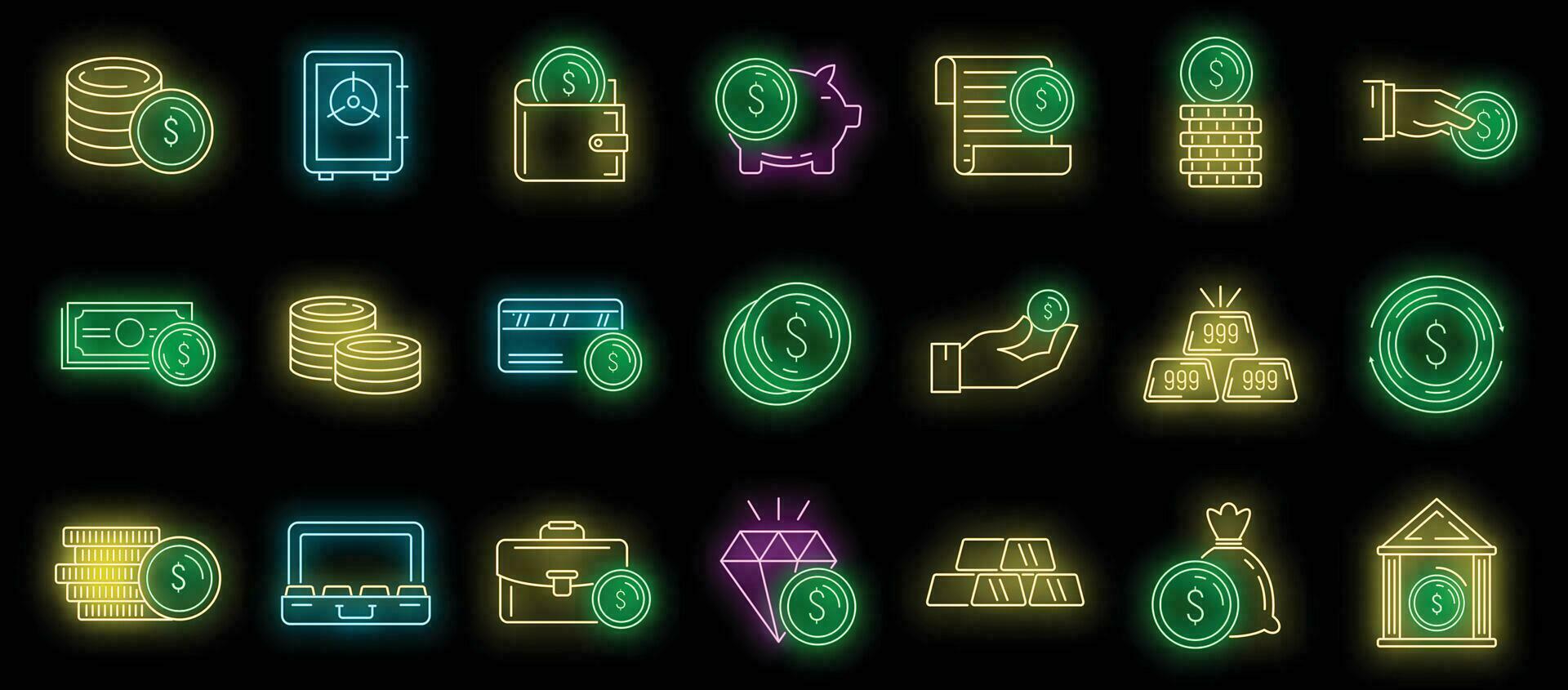 le icone dei metalli bancari impostano il neon di vettore