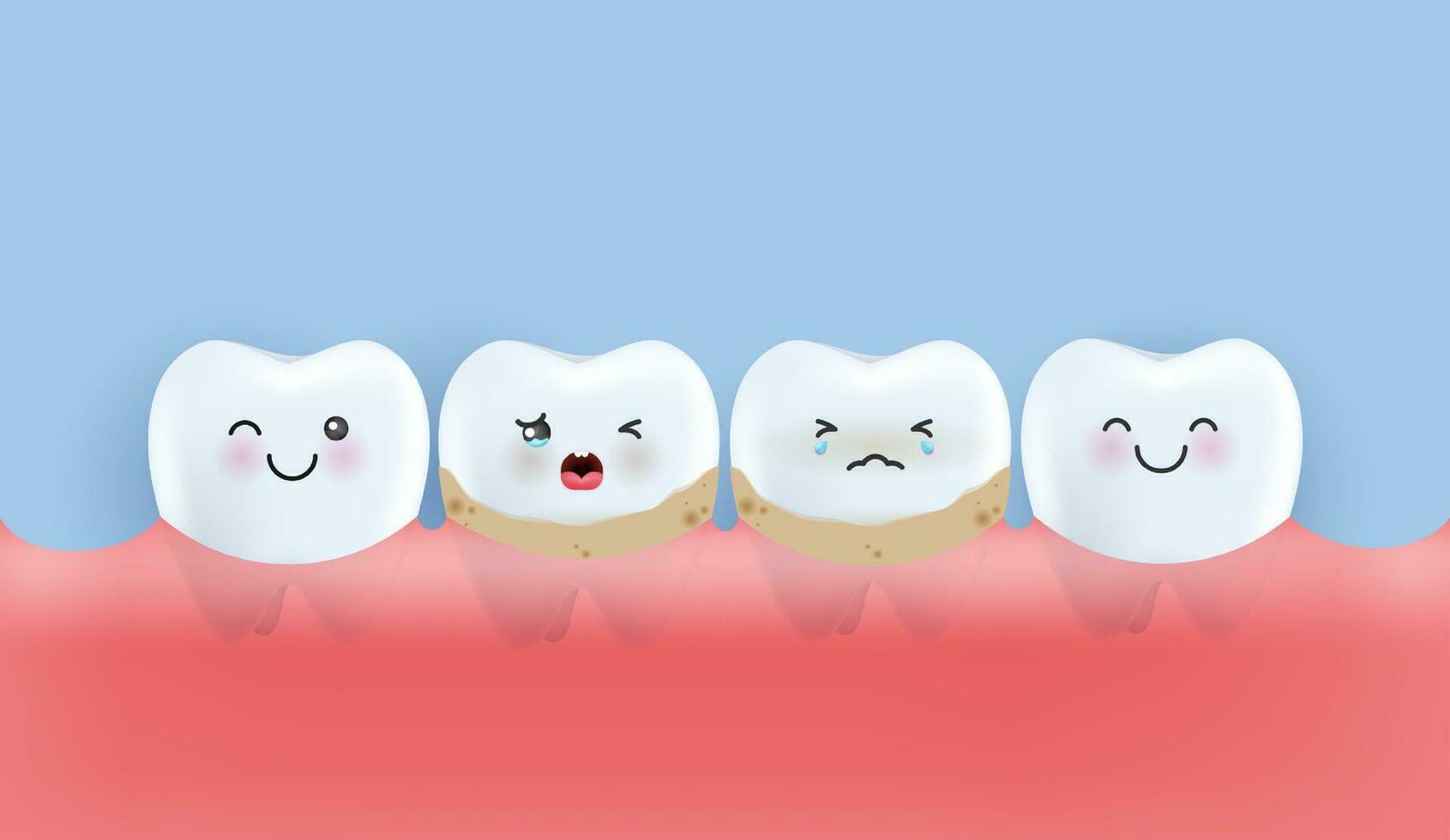 denti è trattamento grande malsano denti placca, ridimensionamento, perforazione placca e carie denti. denti personaggio per bambini. carino dentista portafortuna per medico app, siti web e Ospedale. vettore design.