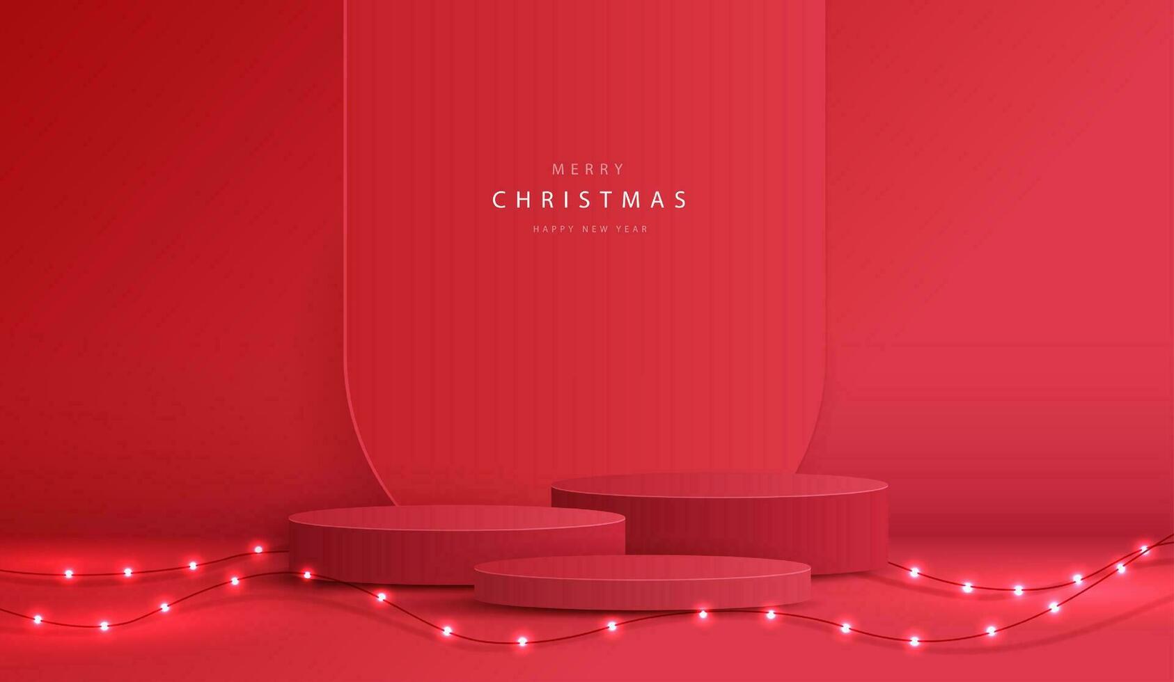 podio forma per mostrare cosmetico Prodotto Schermo per Natale giorno o nuovo anni. In piedi Prodotto vetrina su rosso sfondo con illuminazione Natale. vettore design.