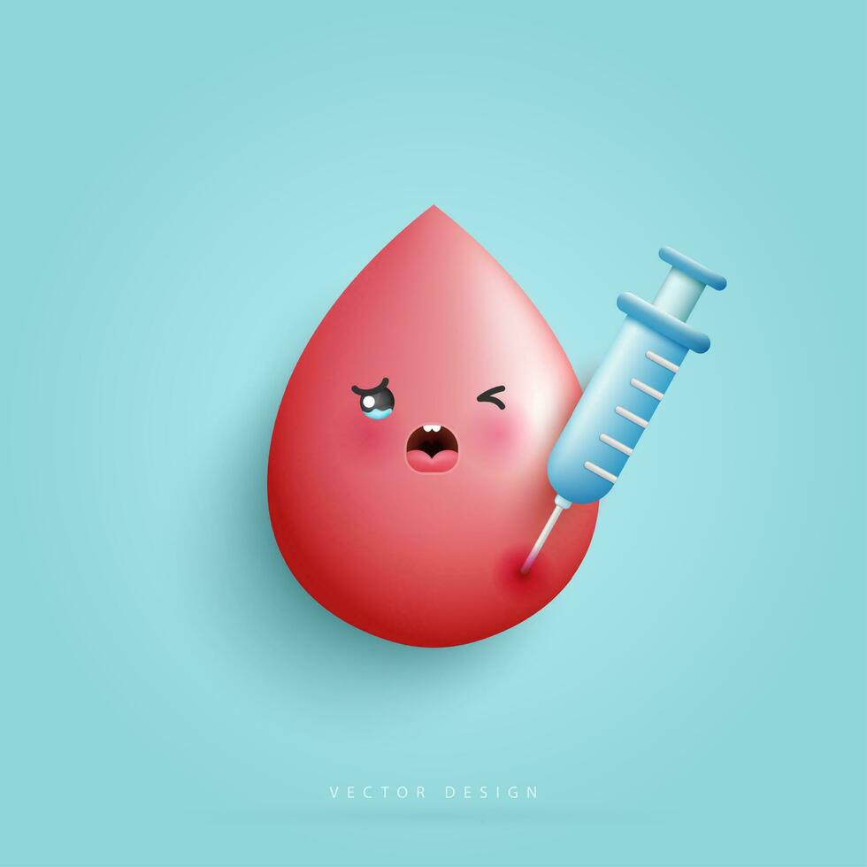 cartone animato sangue è male e triste malsano infetto sangue affetti Salute. sangue e siringa. Salute cura, Ospedale. cartone animato personaggio stile. vettore design.