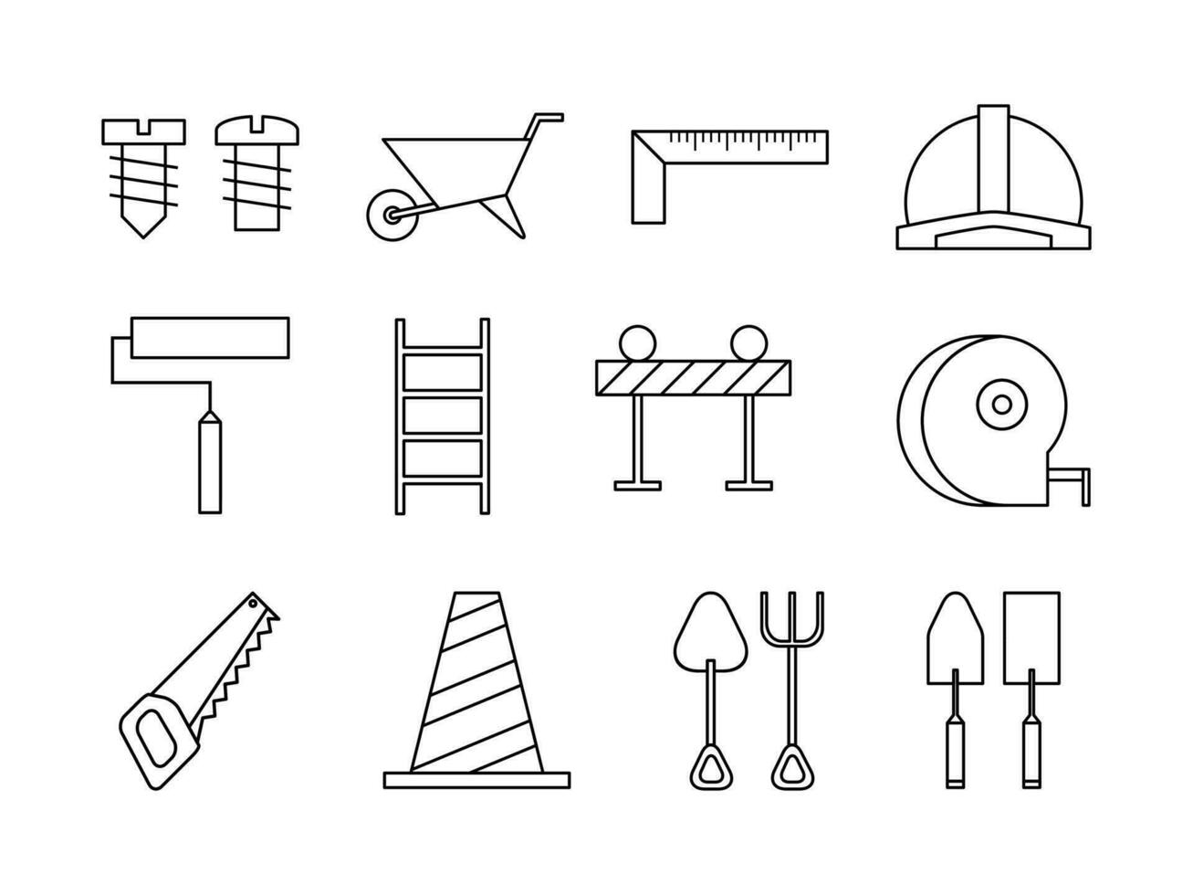 costruzione utensili icona linea arte stile illustrazione. costruzione attrezzatura collezione, Perfetto per disegni con carpenteria o costruzione temi, casa e edificio lavori di ristrutturazione e pesante attrezzatura vettore