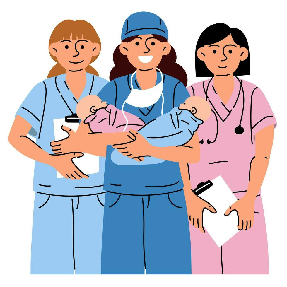 ostetriche, medico lavoratori chi hold bambini e documenti. medico uniformi di gemello infermieri, bambini nel blu e rosa. dopo dando nascita, per essere dimesso. gruppo di infermieri nel colorato uniformi, bandiera vettore