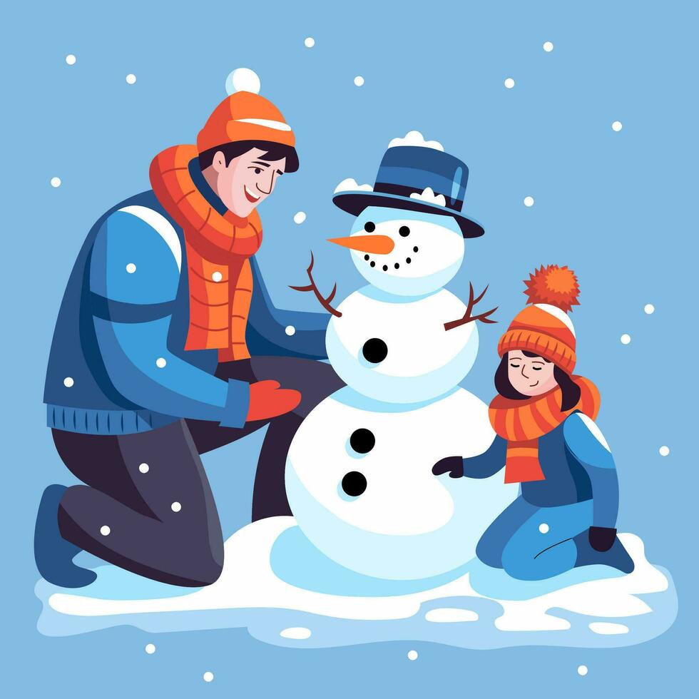 papà e figlia rendere un' pupazzo di neve nel inverno. un' ragazza e un' uomo siamo avendo divertimento con il neve. vettore illustrazione nel il piatto stile, cartone animato