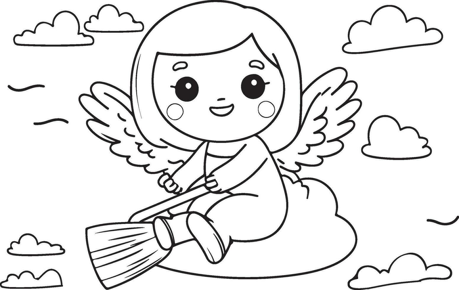 un' dolce poco angelo seduta su un' scopa, circondato di soffice nuvole e un' vuoto colorazione pagina vettore